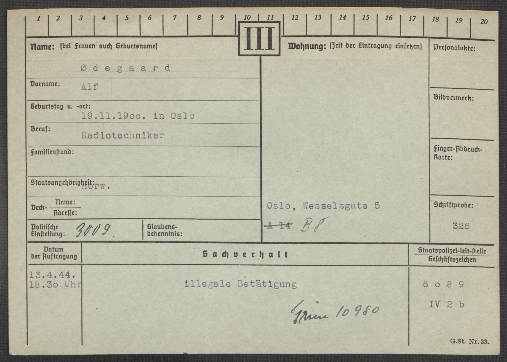 Befehlshaber der Sicherheitspolizei und des SD, AV/RA-RAFA-5969/E/Ea/Eaa/L0010: Register over norske fanger i Møllergata 19: Sø-Å, 1940-1945, p. 1210