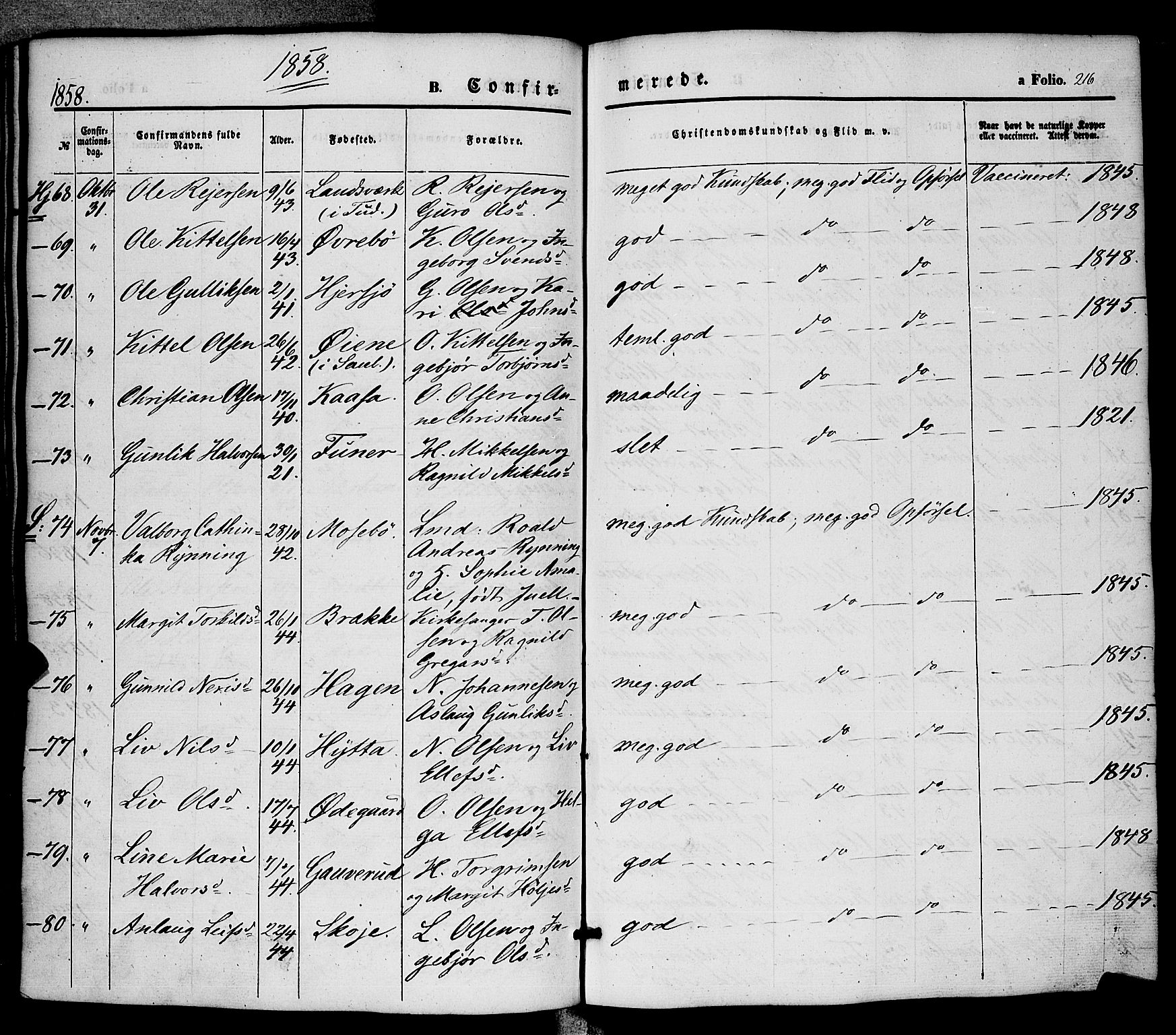 Hjartdal kirkebøker, AV/SAKO-A-270/F/Fa/L0008: Parish register (official) no. I 8, 1844-1859, p. 216