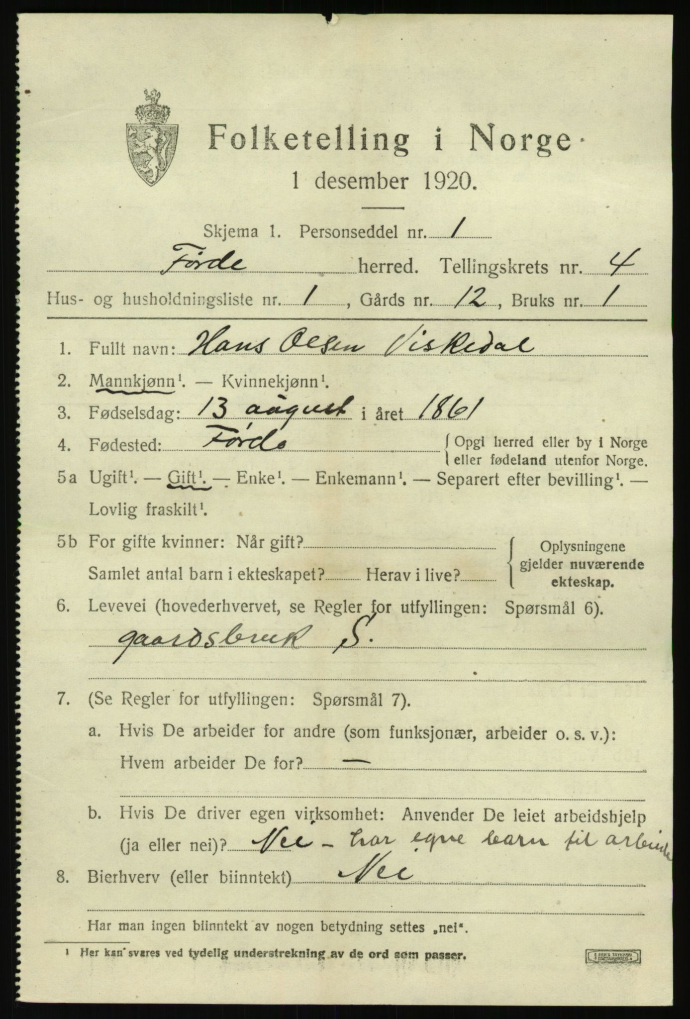 SAB, 1920 census for Førde, 1920, p. 1916