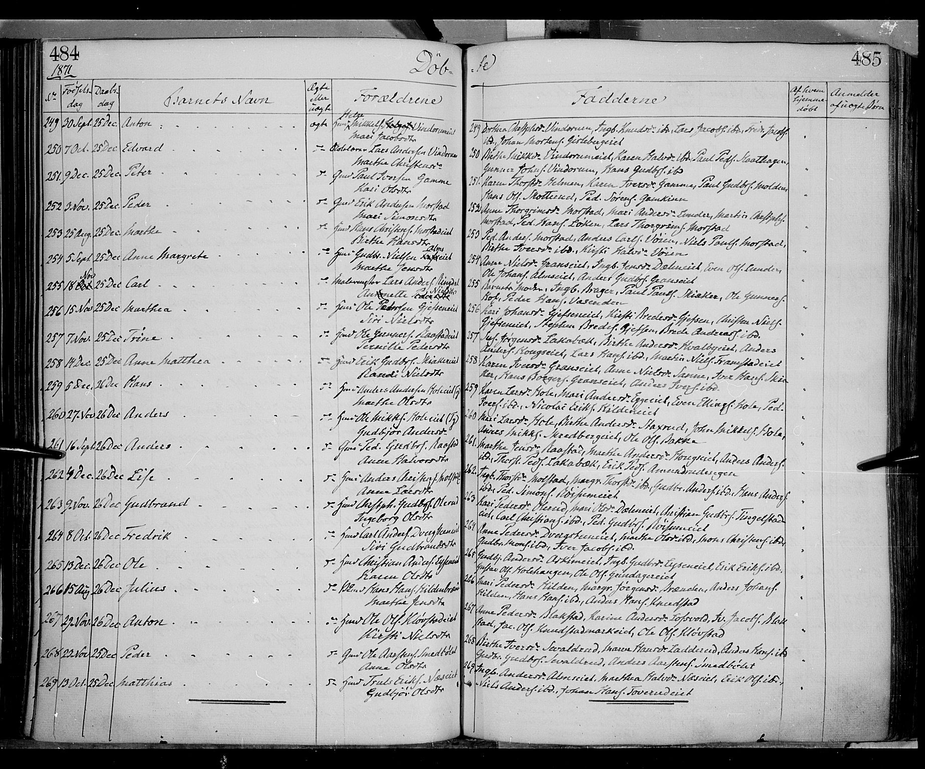 Gran prestekontor, SAH/PREST-112/H/Ha/Haa/L0012: Parish register (official) no. 12, 1856-1874, p. 484-485