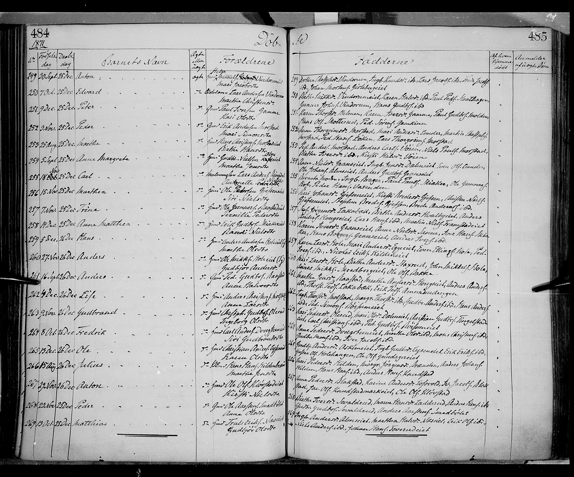 Gran prestekontor, AV/SAH-PREST-112/H/Ha/Haa/L0012: Parish register (official) no. 12, 1856-1874, p. 484-485