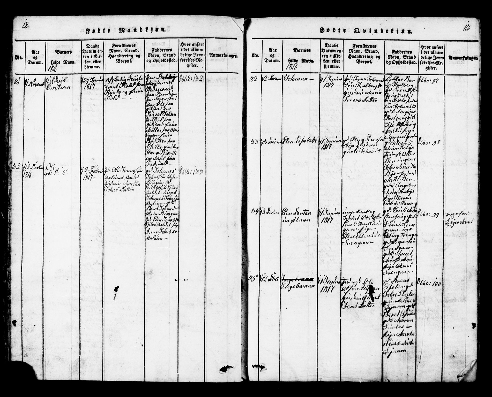 Ministerialprotokoller, klokkerbøker og fødselsregistre - Nord-Trøndelag, SAT/A-1458/717/L0169: Parish register (copy) no. 717C01, 1816-1834, p. 12-13