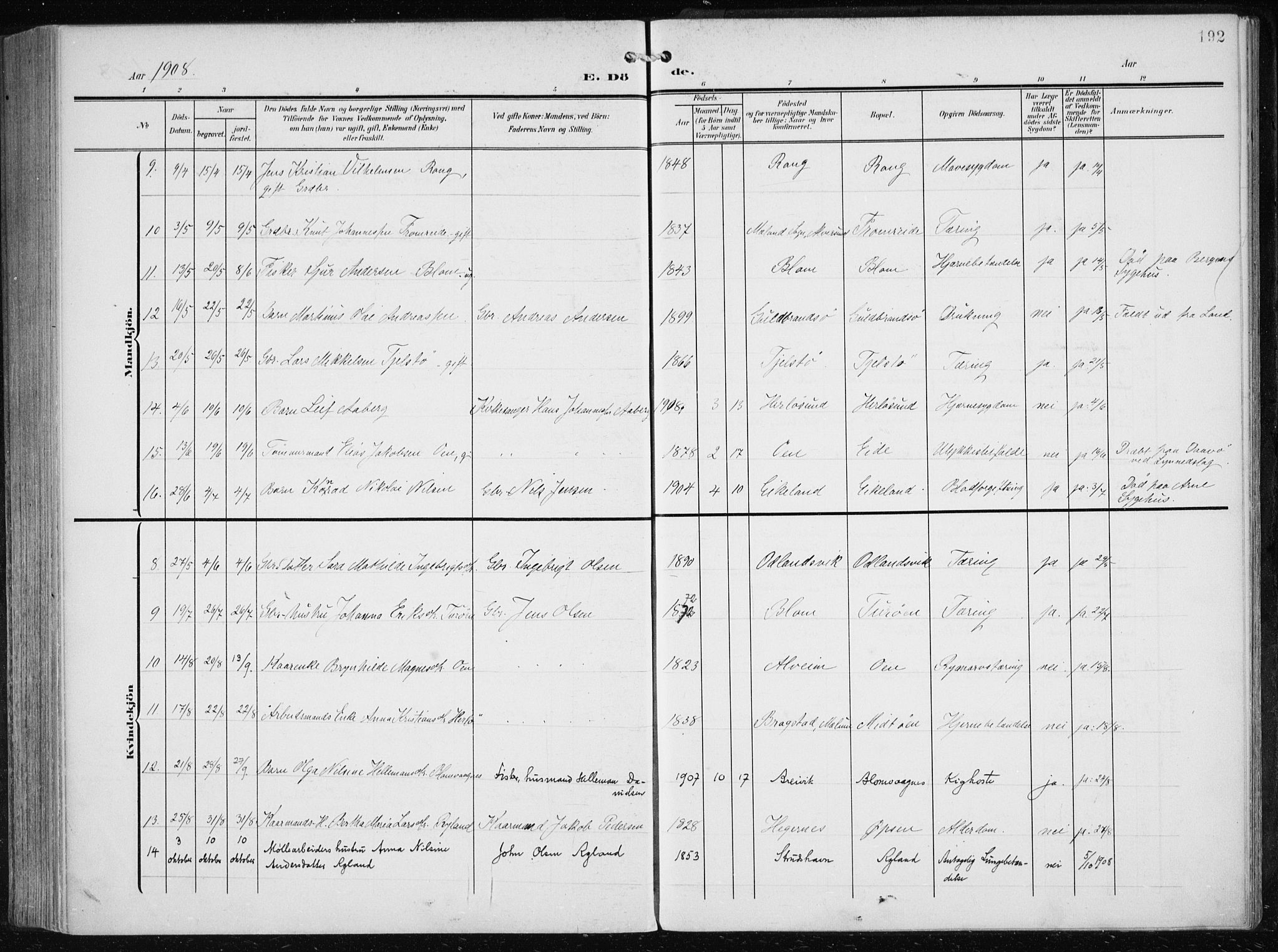 Herdla Sokneprestembete, AV/SAB-A-75701/H/Haa: Parish register (official) no. A 5, 1905-1918, p. 192