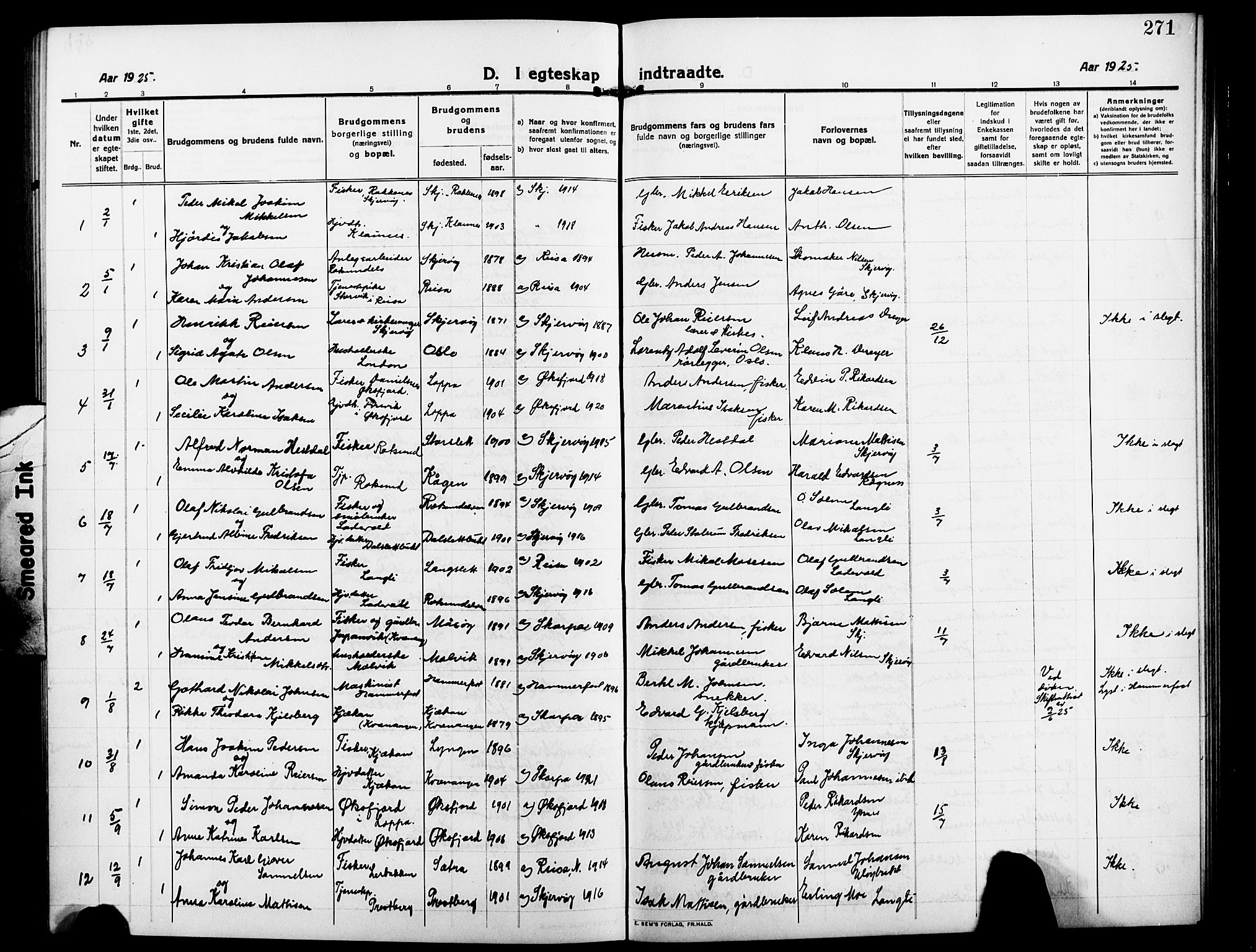 Skjervøy sokneprestkontor, AV/SATØ-S-1300/H/Ha/Hab/L0009klokker: Parish register (copy) no. 9, 1911-1926, p. 271