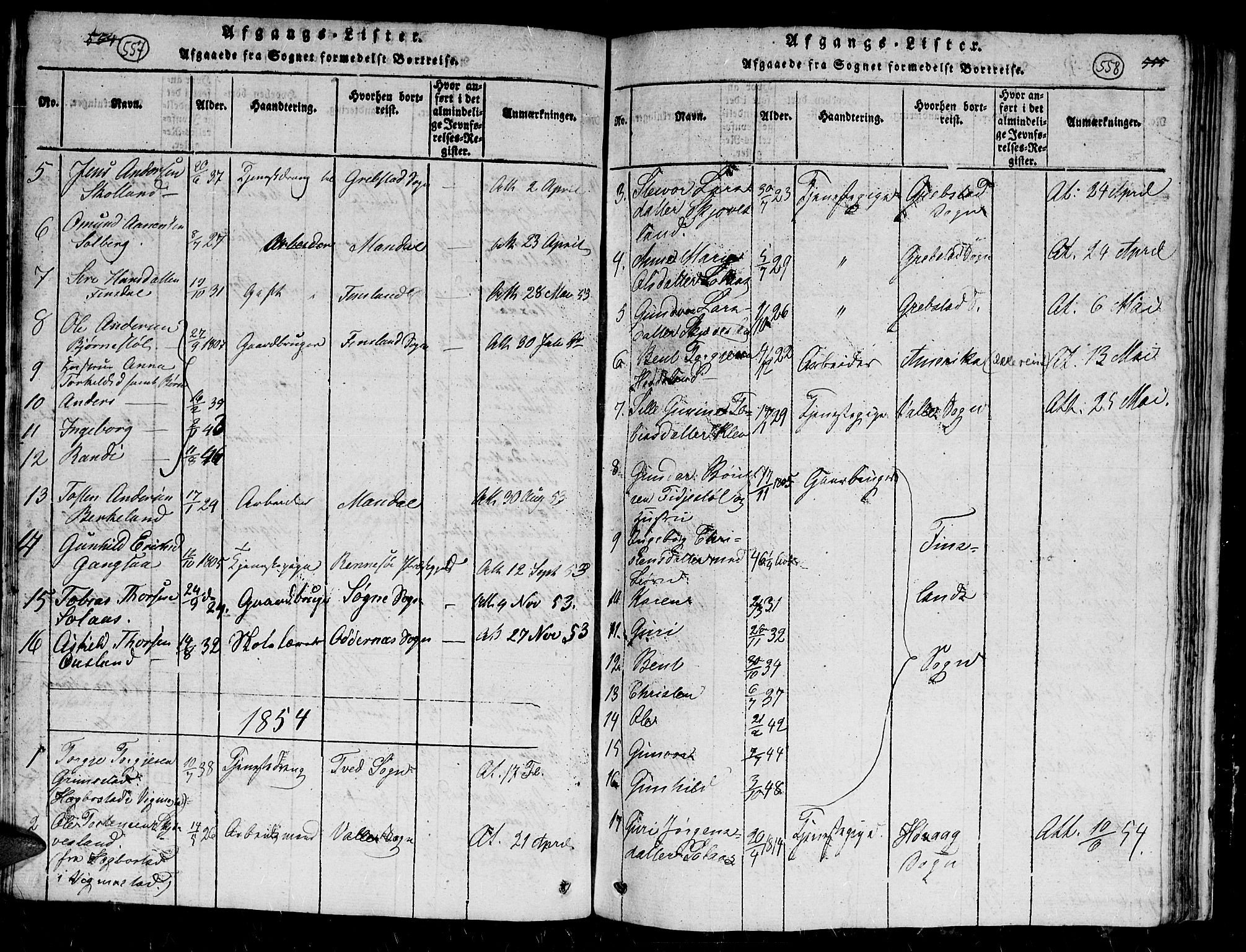 Holum sokneprestkontor, AV/SAK-1111-0022/F/Fb/Fbc/L0001: Parish register (copy) no. B 1, 1820-1859, p. 557-558