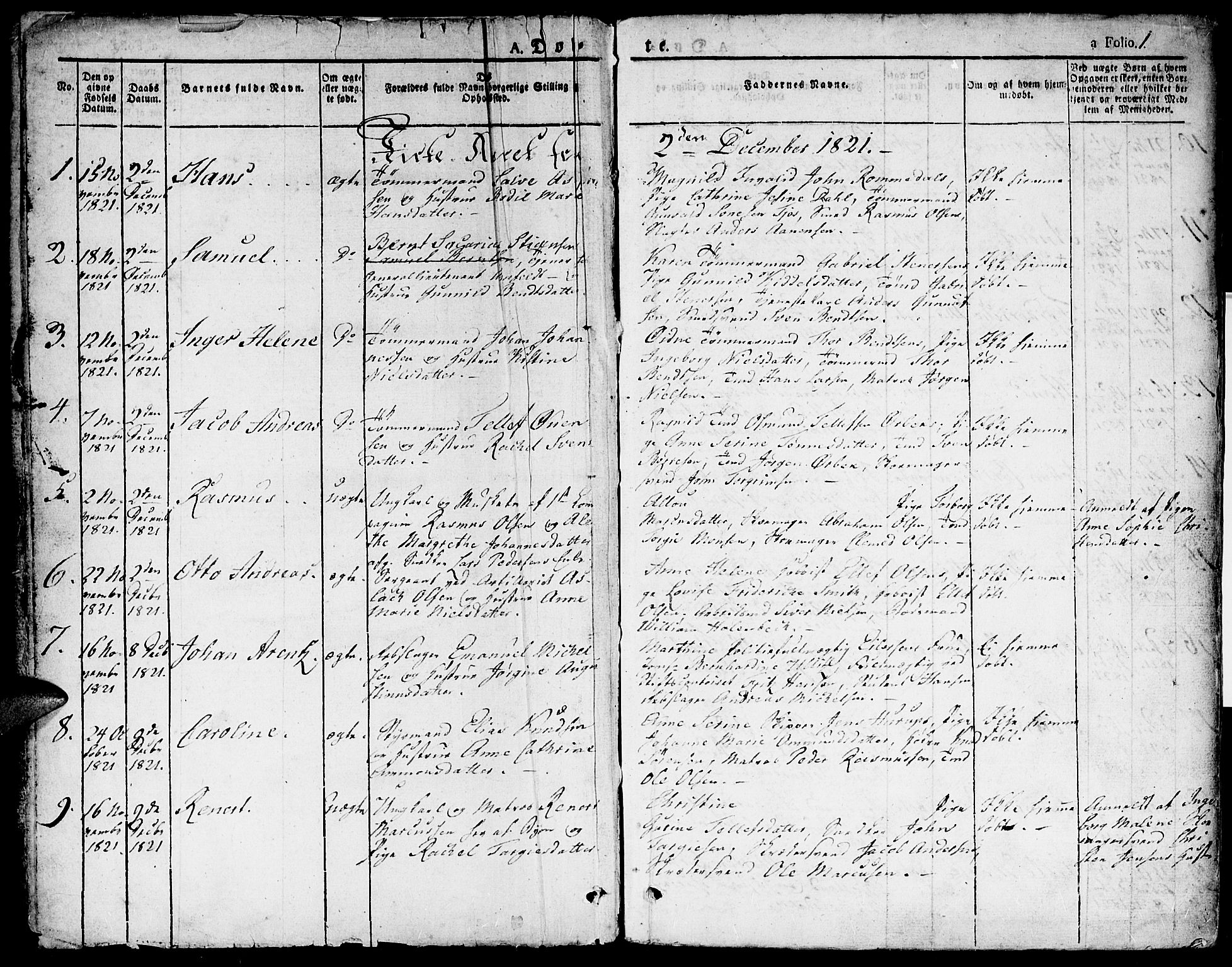 Kristiansand domprosti, SAK/1112-0006/F/Fa/L0009: Parish register (official) no. A 9, 1821-1827, p. 1