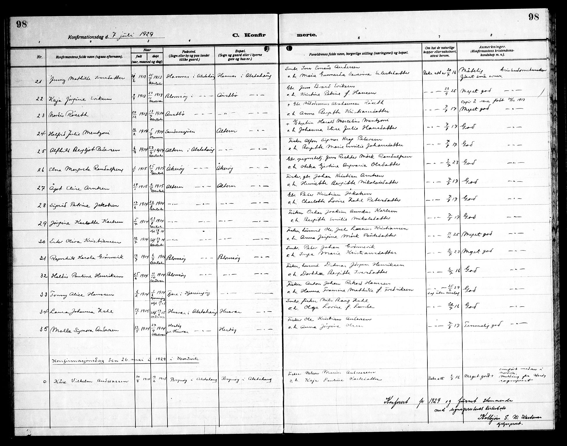 Ministerialprotokoller, klokkerbøker og fødselsregistre - Nordland, AV/SAT-A-1459/830/L0466: Parish register (copy) no. 830C08, 1920-1945, p. 98