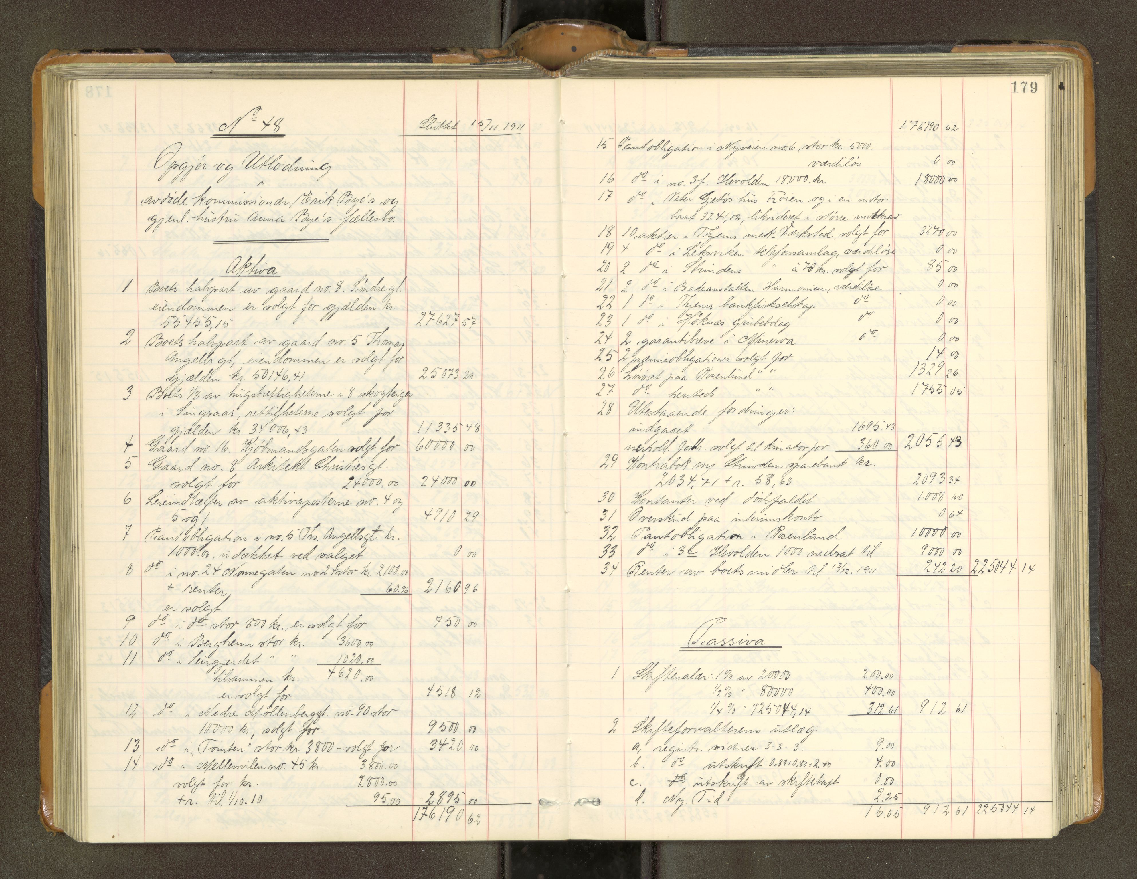 Trondheim byfogd, AV/SAT-A-0003/1/3/3A/L0040: Skifteutlodningsprotokoll - 9/2-1/10. (m/ register), 1910-1913, p. 179