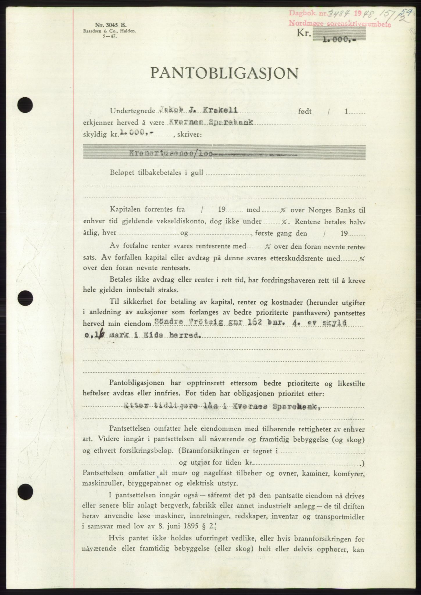 Nordmøre sorenskriveri, AV/SAT-A-4132/1/2/2Ca: Mortgage book no. B100, 1948-1949, Diary no: : 3484/1948