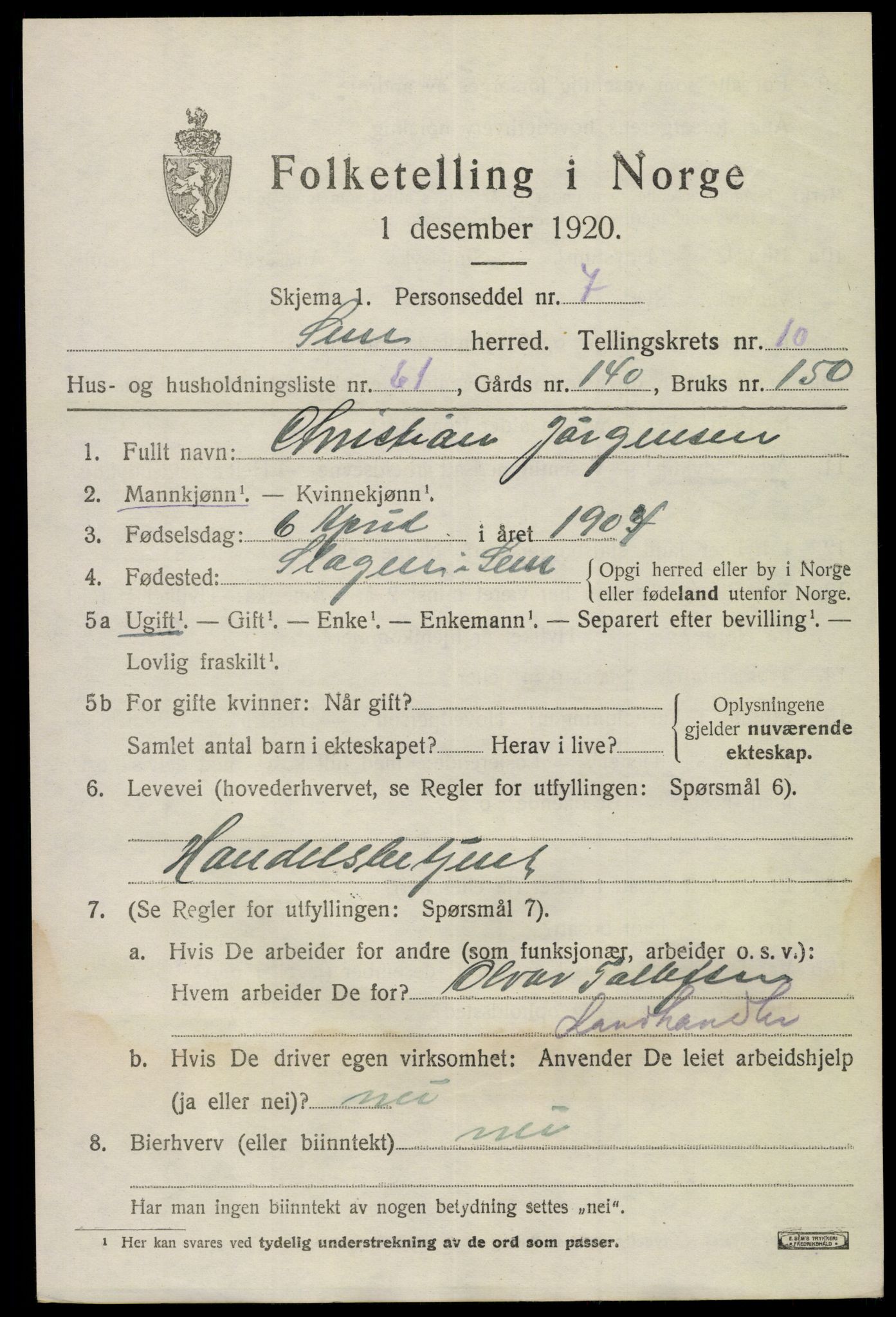 SAKO, 1920 census for Sem, 1920, p. 14381