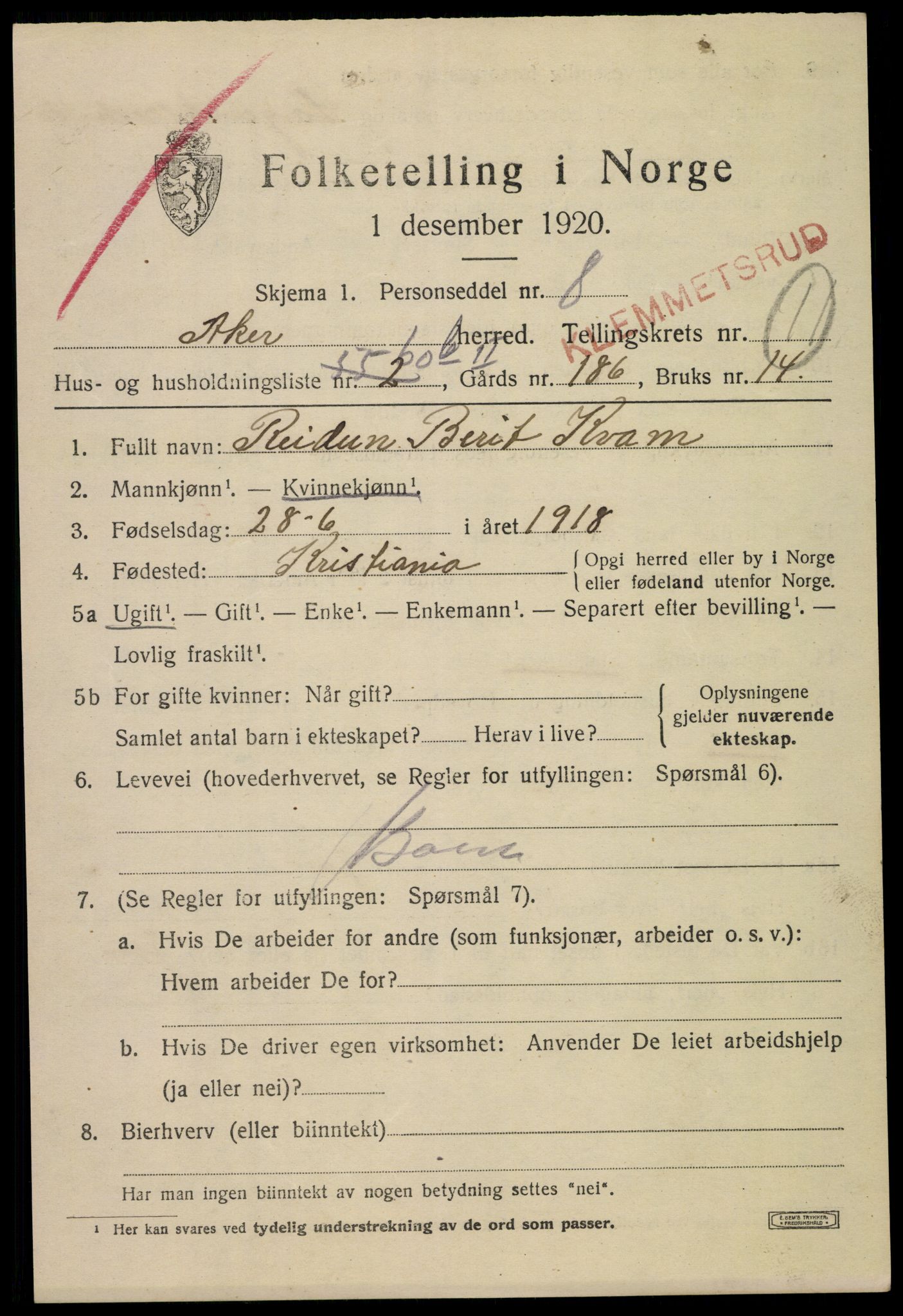 SAO, 1920 census for Aker, 1920, p. 73146