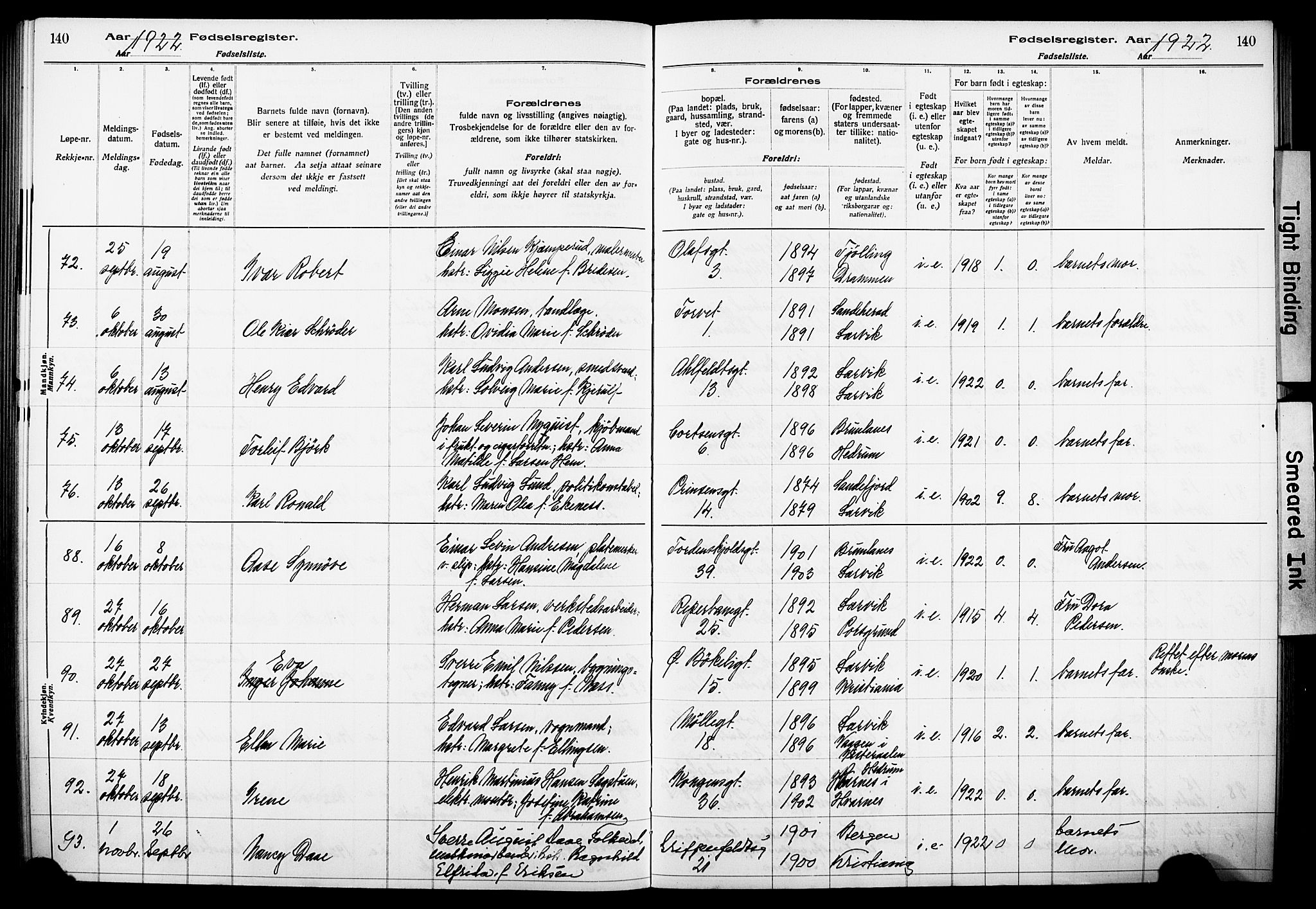 Larvik kirkebøker, AV/SAKO-A-352/J/Ja/L0001: Birth register no. I 1, 1916-1926, p. 140