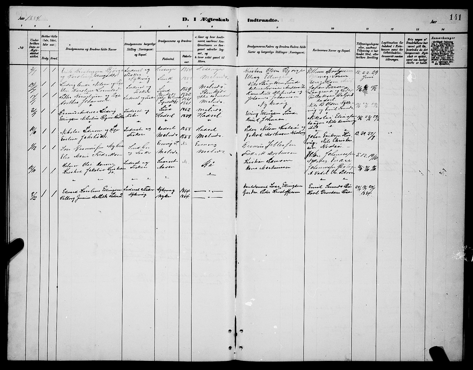 Ministerialprotokoller, klokkerbøker og fødselsregistre - Nordland, AV/SAT-A-1459/892/L1325: Parish register (copy) no. 892C02, 1878-1896, p. 141