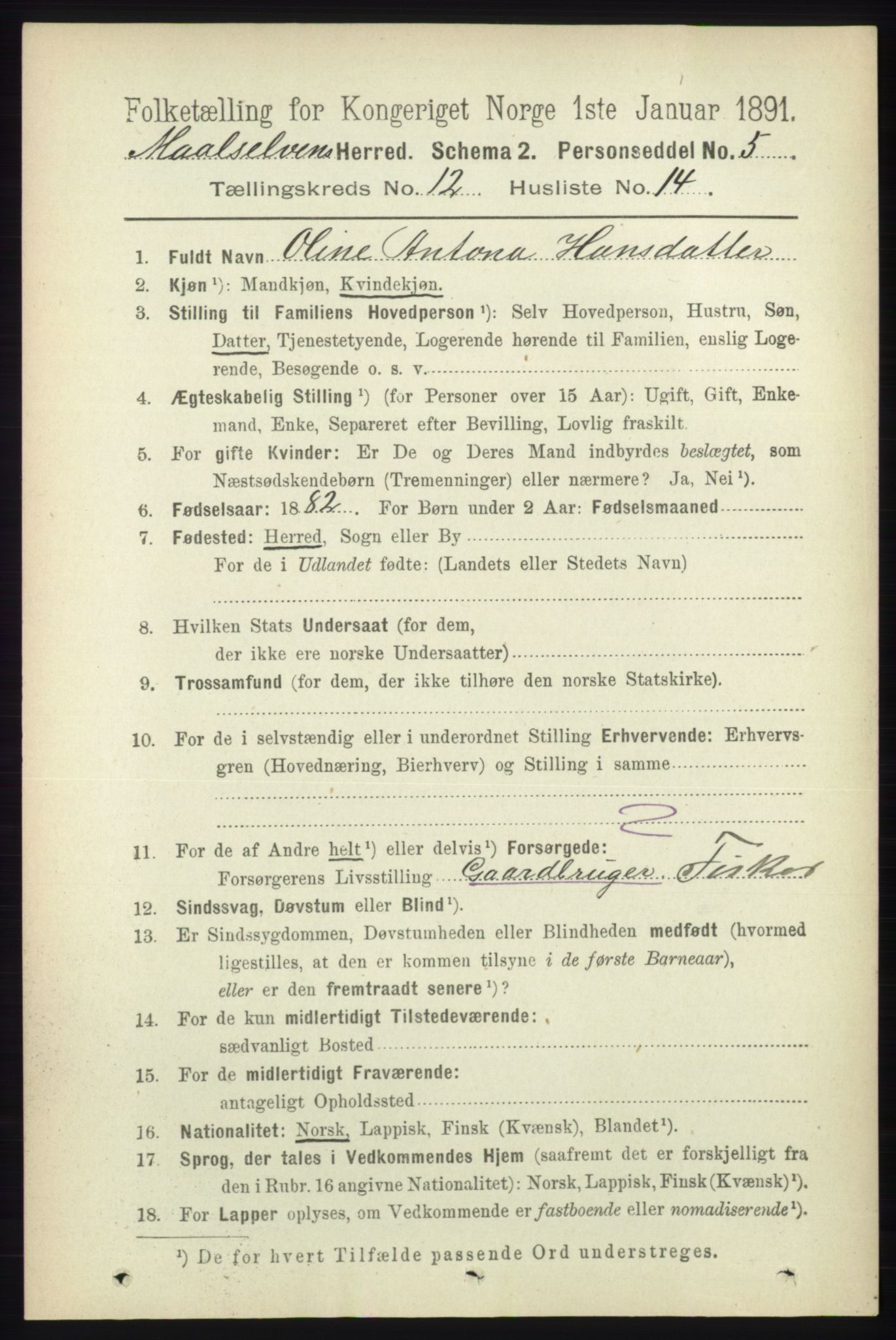 RA, 1891 census for 1924 Målselv, 1891, p. 3885