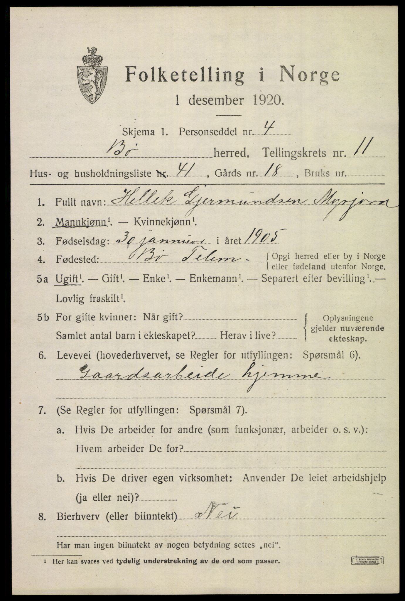 SAKO, 1920 census for Bø (Telemark), 1920, p. 6694