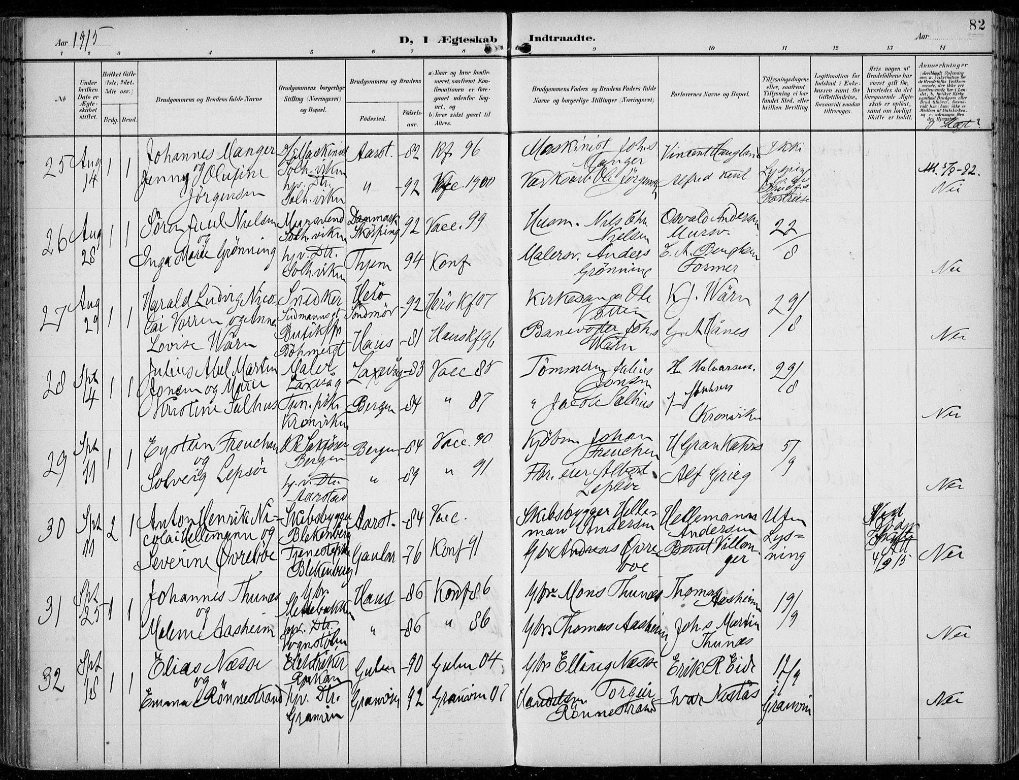 Årstad Sokneprestembete, AV/SAB-A-79301/H/Haa/L0009: Parish register (official) no. C 1, 1902-1918, p. 82