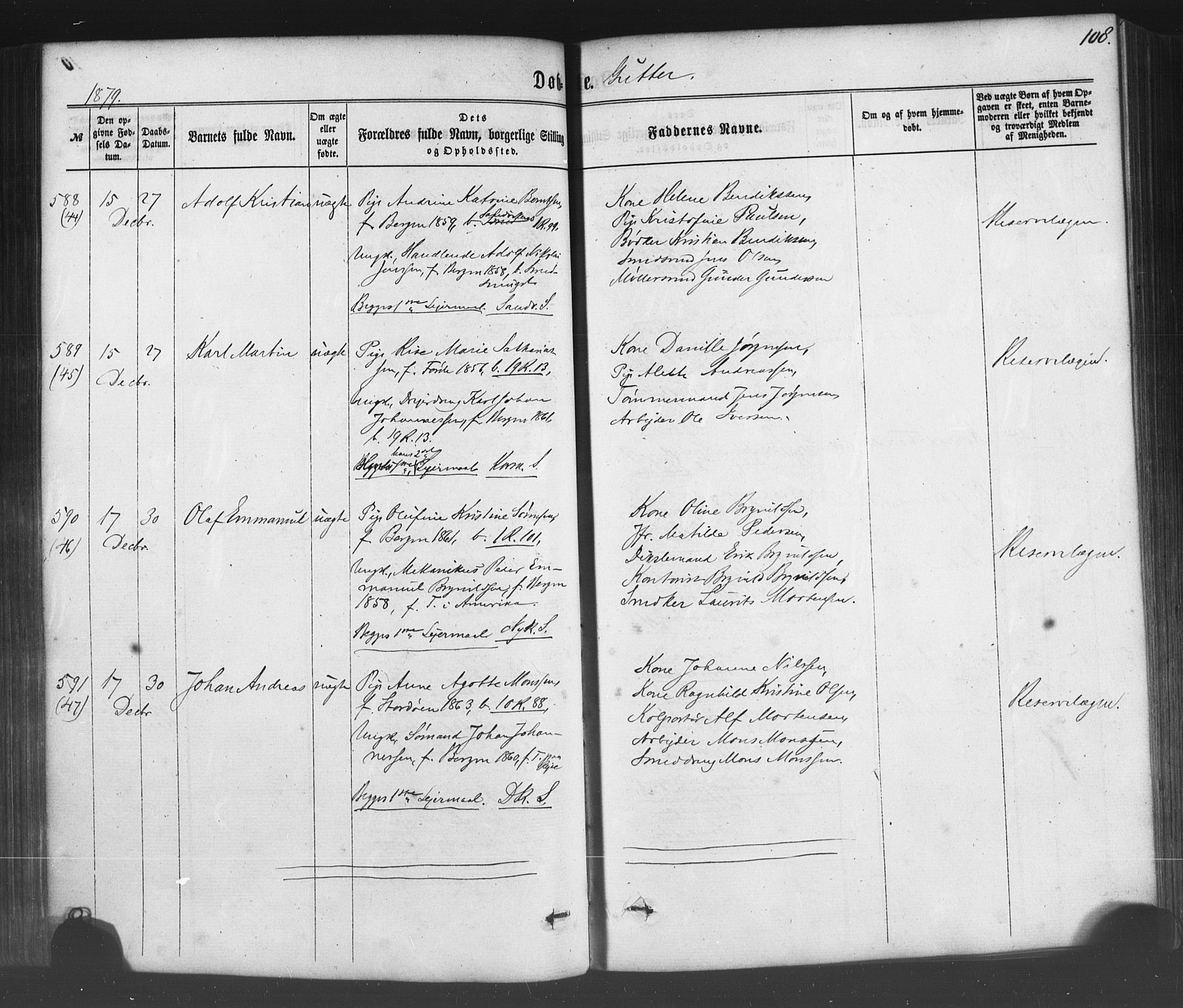 Fødselsstiftelsens sokneprestembete*, SAB/-: Parish register (official) no. A 1, 1863-1883, p. 108
