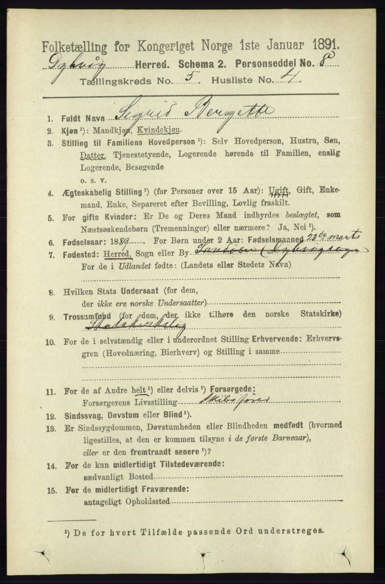 RA, 1891 census for 0915 Dypvåg, 1891, p. 1394