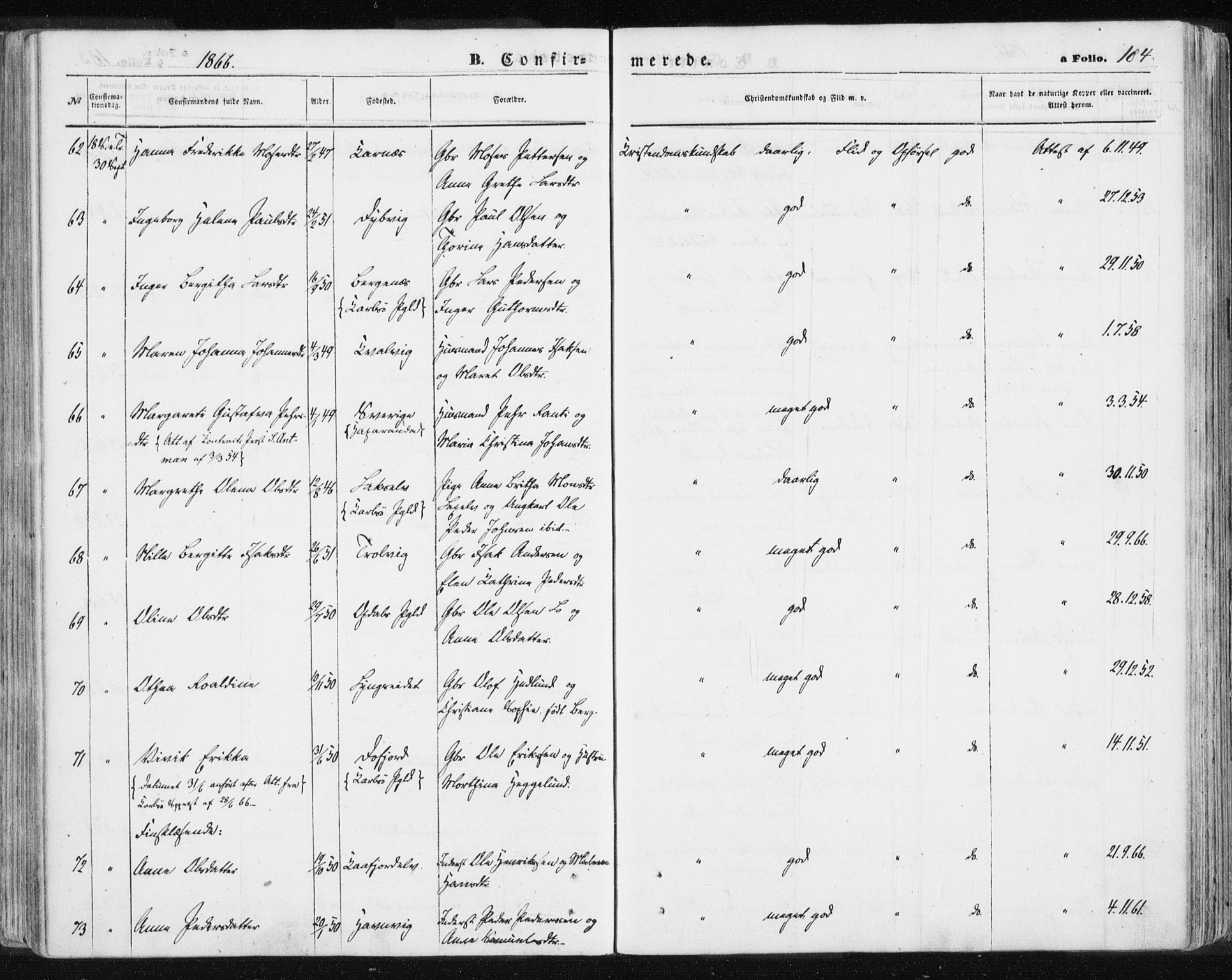 Lyngen sokneprestembete, AV/SATØ-S-1289/H/He/Hea/L0005kirke: Parish register (official) no. 5, 1859-1869, p. 184