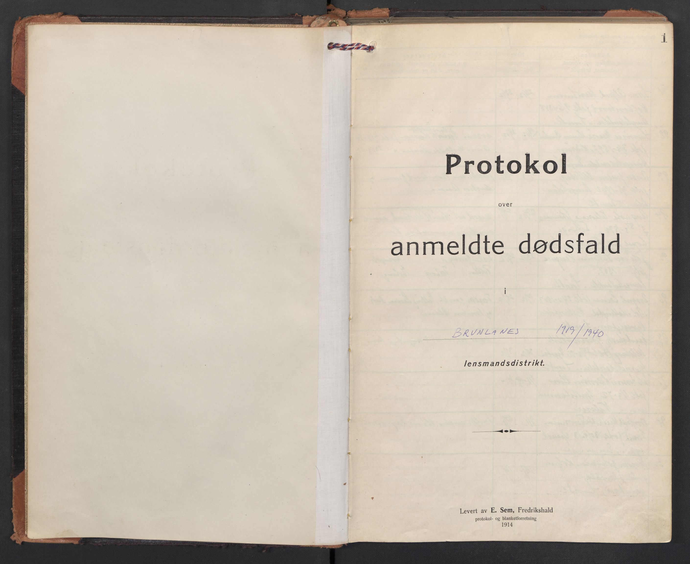 Brunlanes lensmannskontor, SAKO/A-535/H/Ha/L0003: Dødsfallsprotokoll, 1918-1940, p. 1