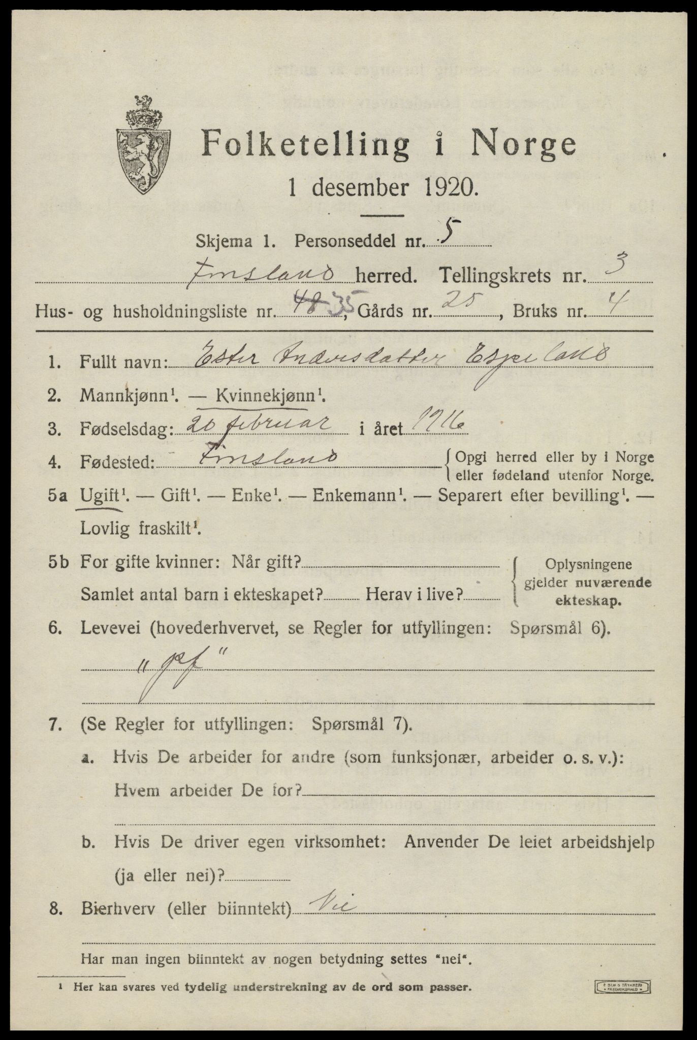 SAK, 1920 census for Finsland, 1920, p. 1590