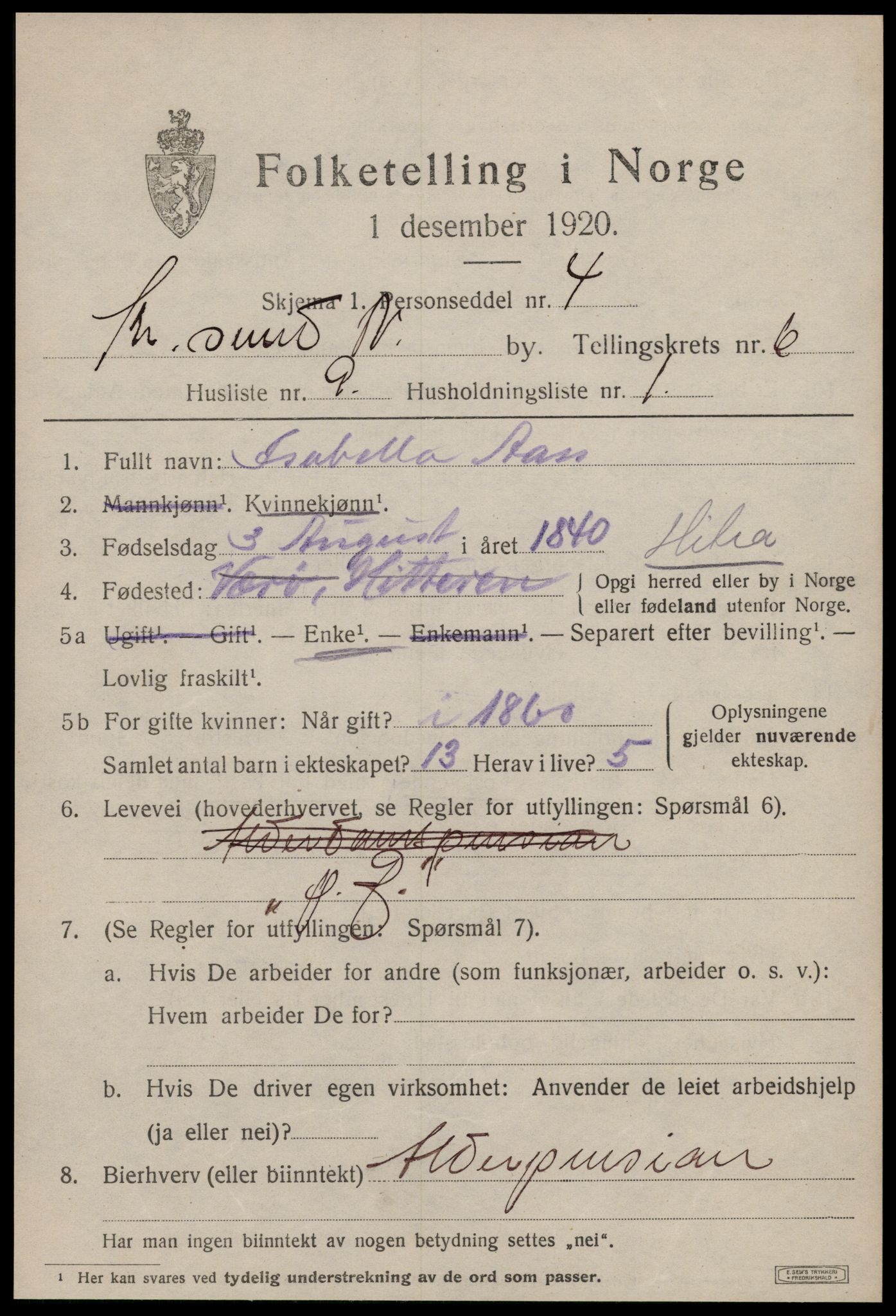 SAT, 1920 census for Kristiansund, 1920, p. 17149