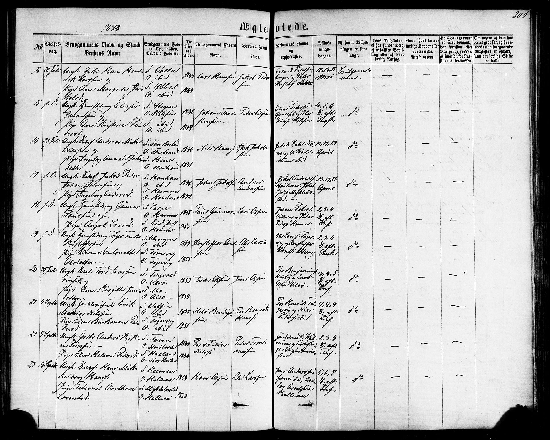 Ministerialprotokoller, klokkerbøker og fødselsregistre - Nordland, SAT/A-1459/838/L0551: Parish register (official) no. 838A09, 1864-1880, p. 205