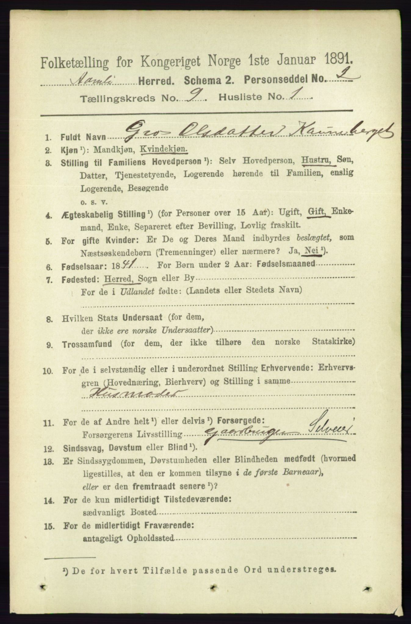 RA, 1891 census for 0929 Åmli, 1891, p. 1457