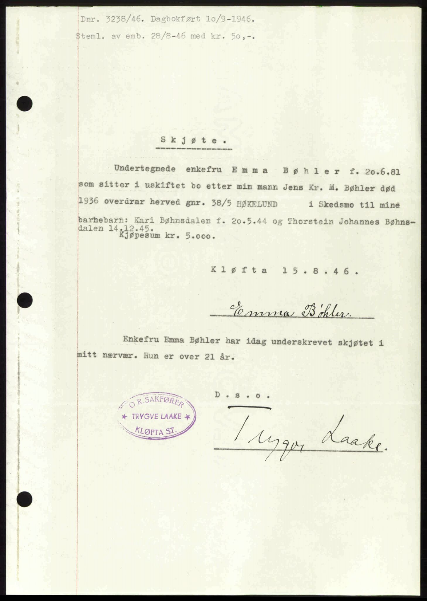 Nedre Romerike sorenskriveri, AV/SAO-A-10469/G/Gb/Gbd/L0017: Mortgage book no. 17, 1946-1946, Diary no: : 3238/1946