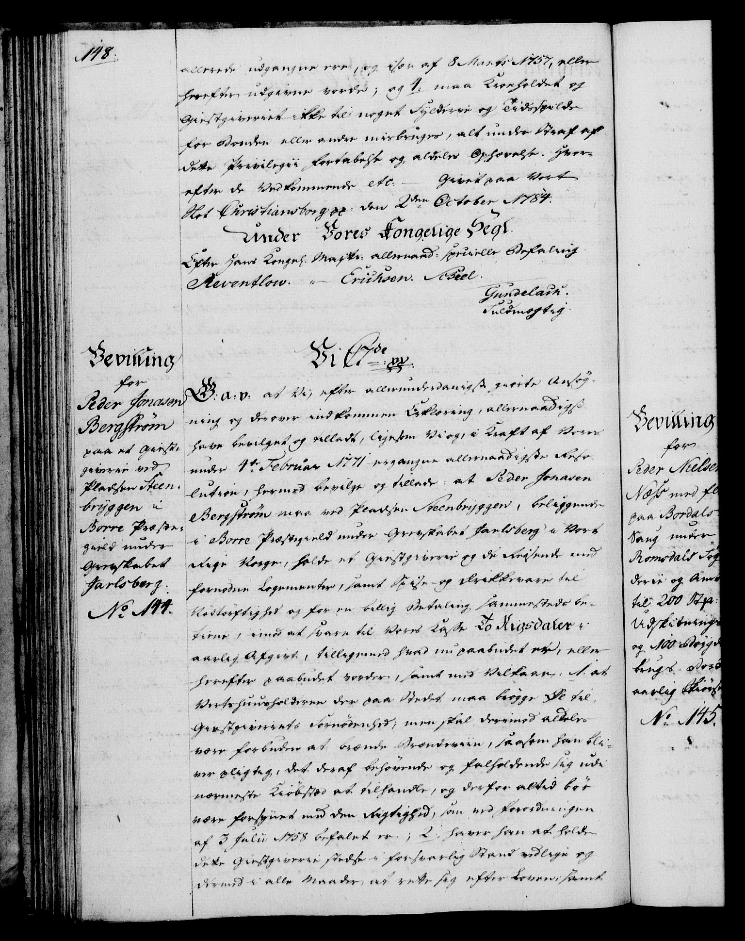 Rentekammeret, Kammerkanselliet, AV/RA-EA-3111/G/Gg/Gga/L0013: Norsk ekspedisjonsprotokoll med register (merket RK 53.13), 1784-1787, p. 148