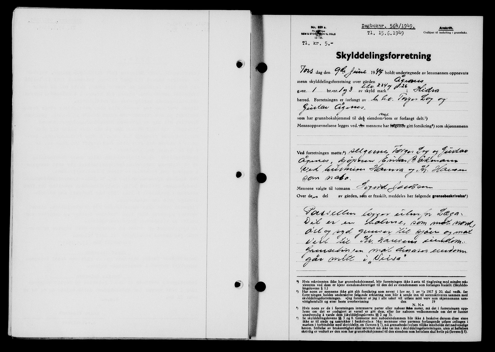 Flekkefjord sorenskriveri, SAK/1221-0001/G/Gb/Gba/L0065: Mortgage book no. A-13, 1949-1949, Diary no: : 564/1949