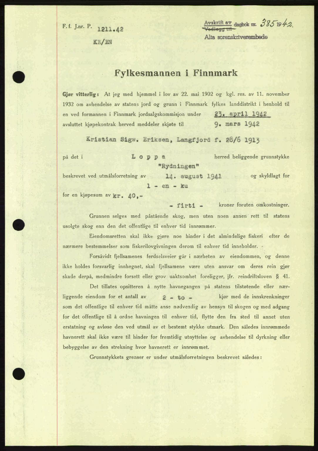 Alta fogderi/sorenskriveri, SATØ/SATØ-5/1/K/Kd/L0033pantebok: Mortgage book no. 33, 1940-1943, Diary no: : 385/1942