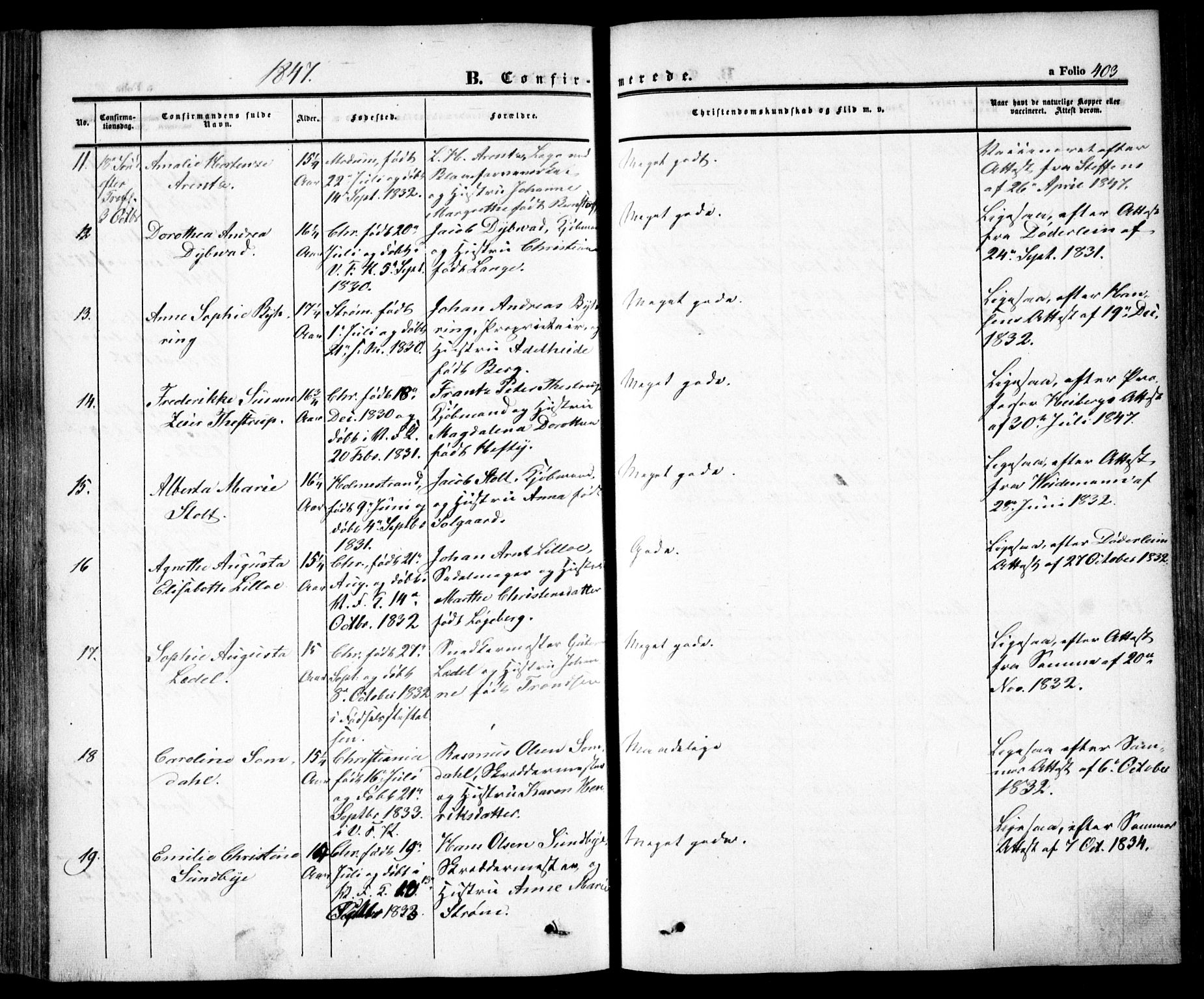 Oslo domkirke Kirkebøker, SAO/A-10752/F/Fa/L0013: Parish register (official) no. 13, 1844-1864, p. 403