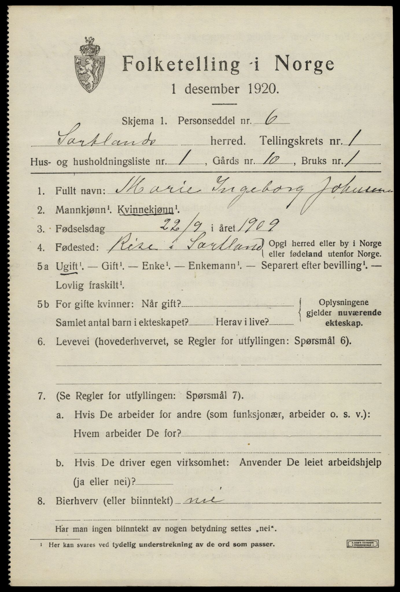 SAT, 1920 census for Sortland, 1920, p. 1566