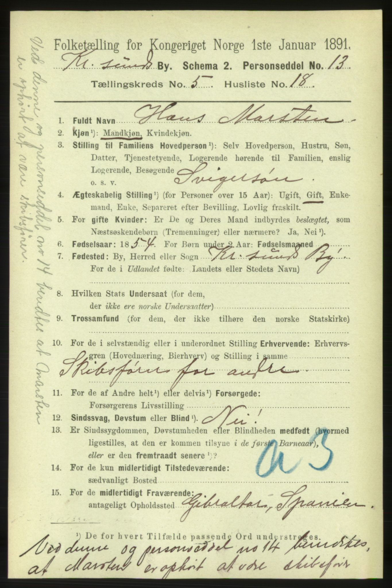 RA, 1891 census for 1503 Kristiansund, 1891, p. 4536