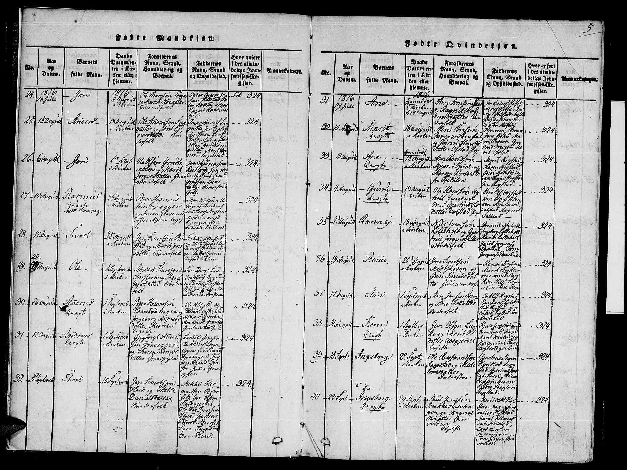 Ministerialprotokoller, klokkerbøker og fødselsregistre - Sør-Trøndelag, SAT/A-1456/672/L0853: Parish register (official) no. 672A06 /1, 1816-1829, p. 5