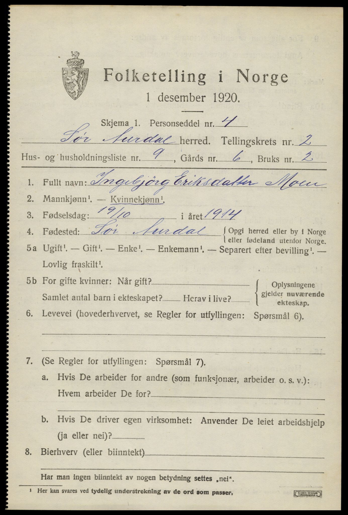 SAH, 1920 census for Sør-Aurdal, 1920, p. 1773