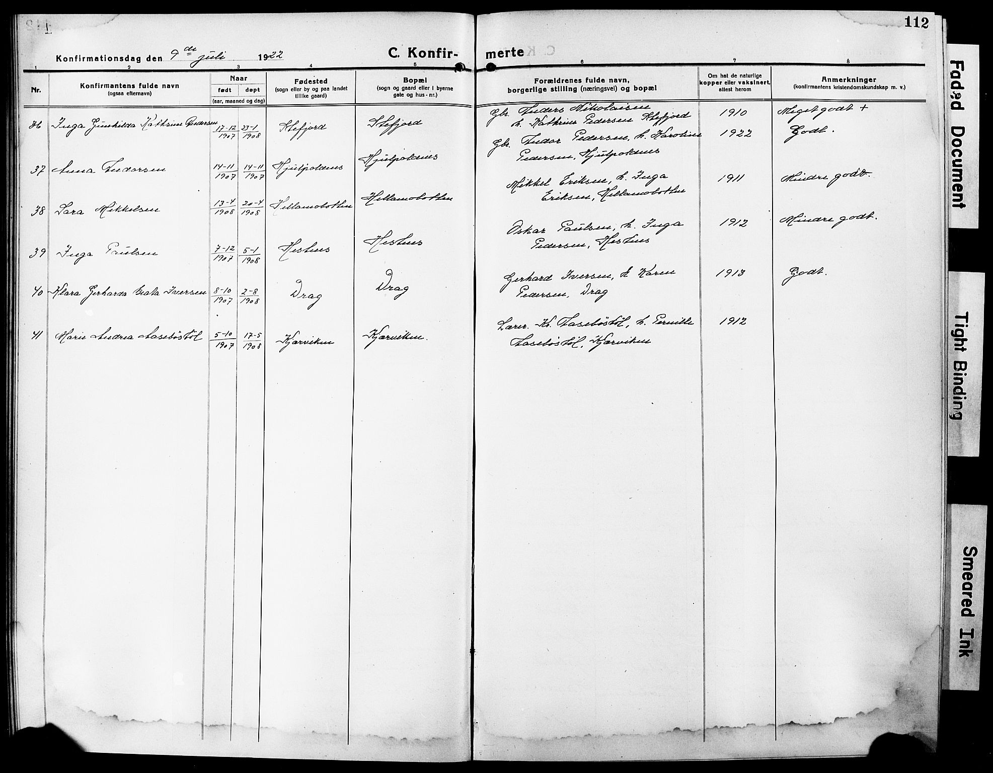 Ministerialprotokoller, klokkerbøker og fødselsregistre - Nordland, AV/SAT-A-1459/861/L0878: Parish register (copy) no. 861C04, 1917-1928, p. 112