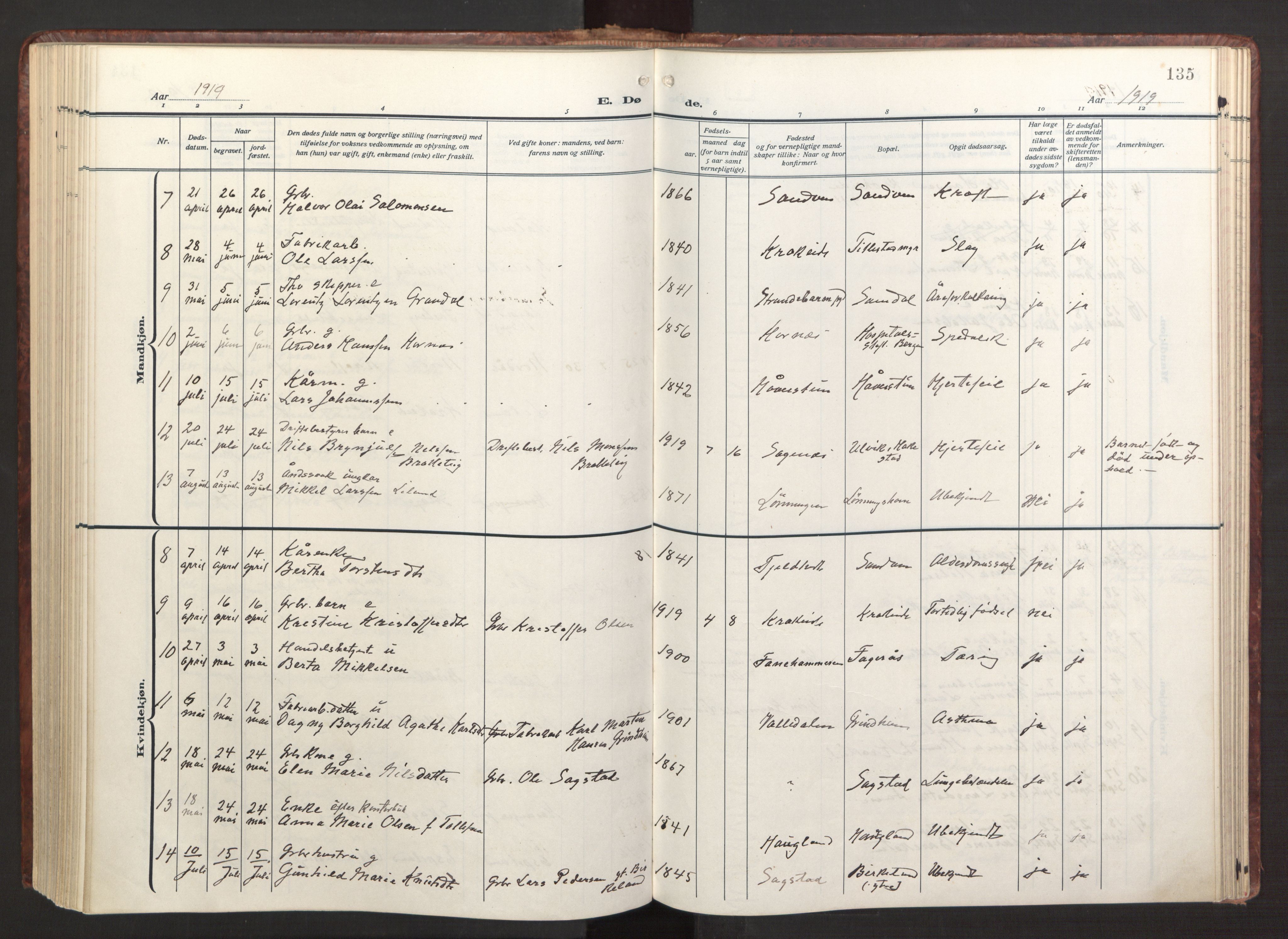 Fana Sokneprestembete, AV/SAB-A-75101/H/Haa/Haab/L0005: Parish register (official) no. B 5, 1915-1923, p. 135