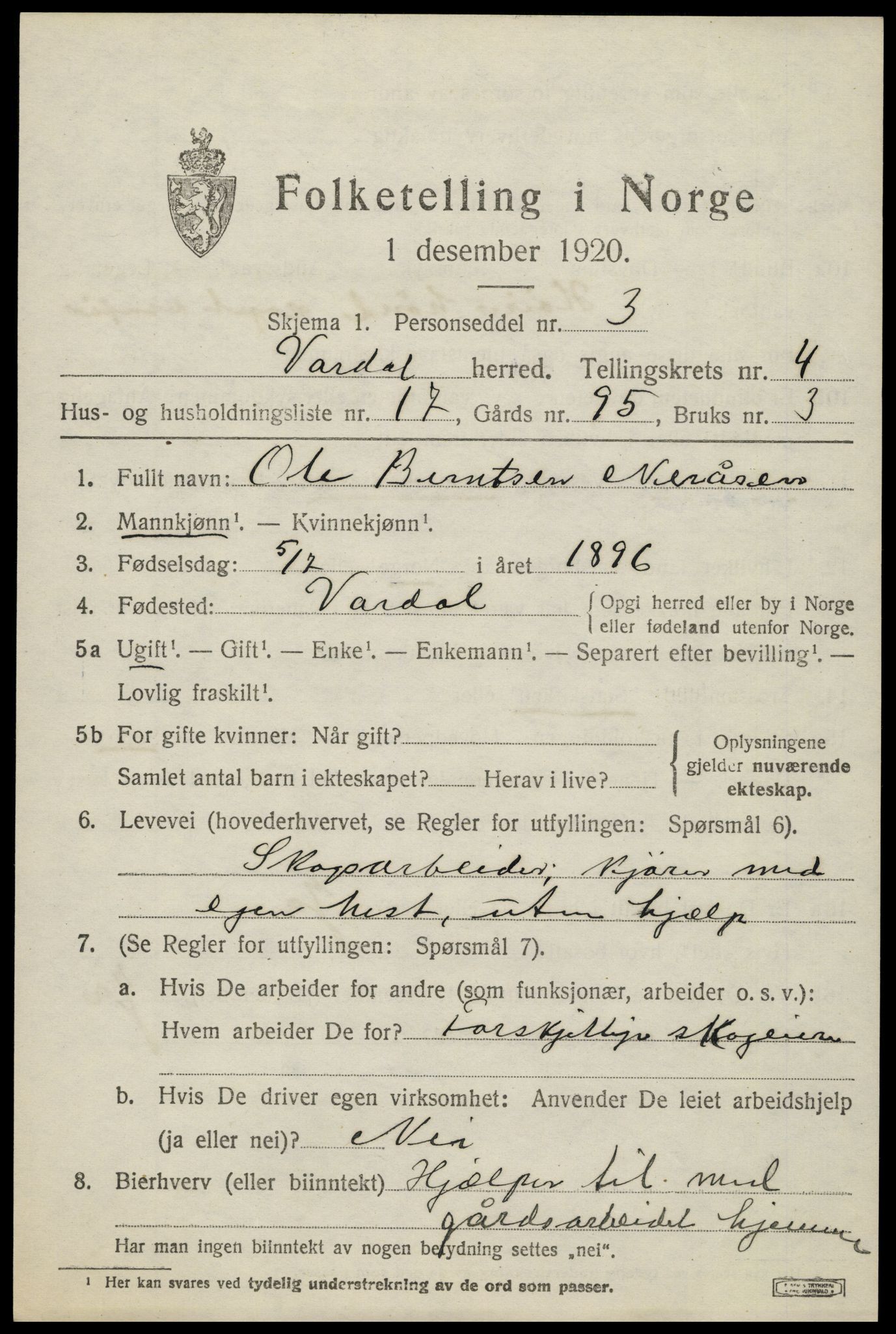 SAH, 1920 census for Vardal, 1920, p. 3025