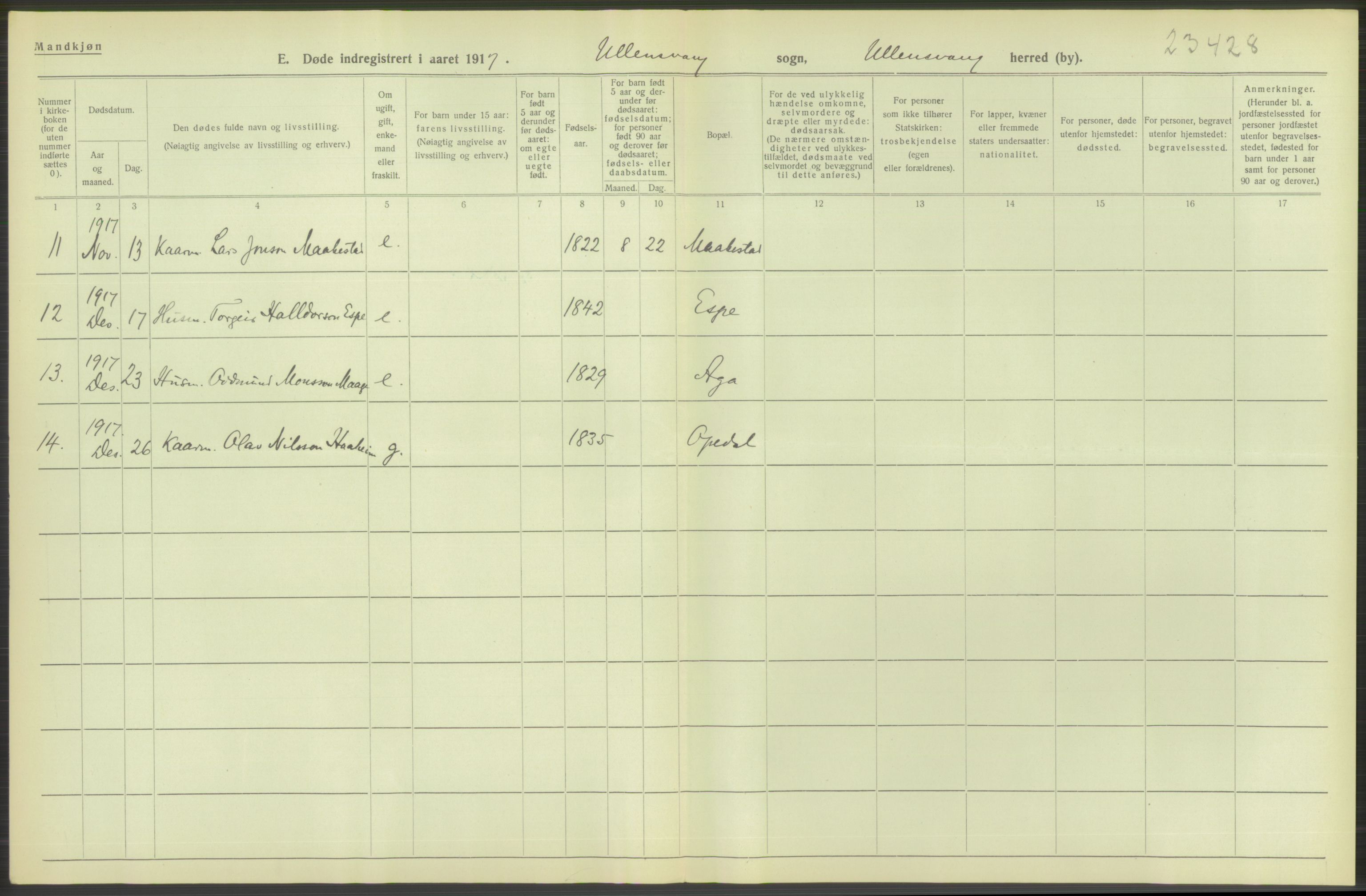 Statistisk sentralbyrå, Sosiodemografiske emner, Befolkning, RA/S-2228/D/Df/Dfb/Dfbg/L0036: S. Bergenhus amt: Døde, dødfødte. Bygder., 1917, p. 622