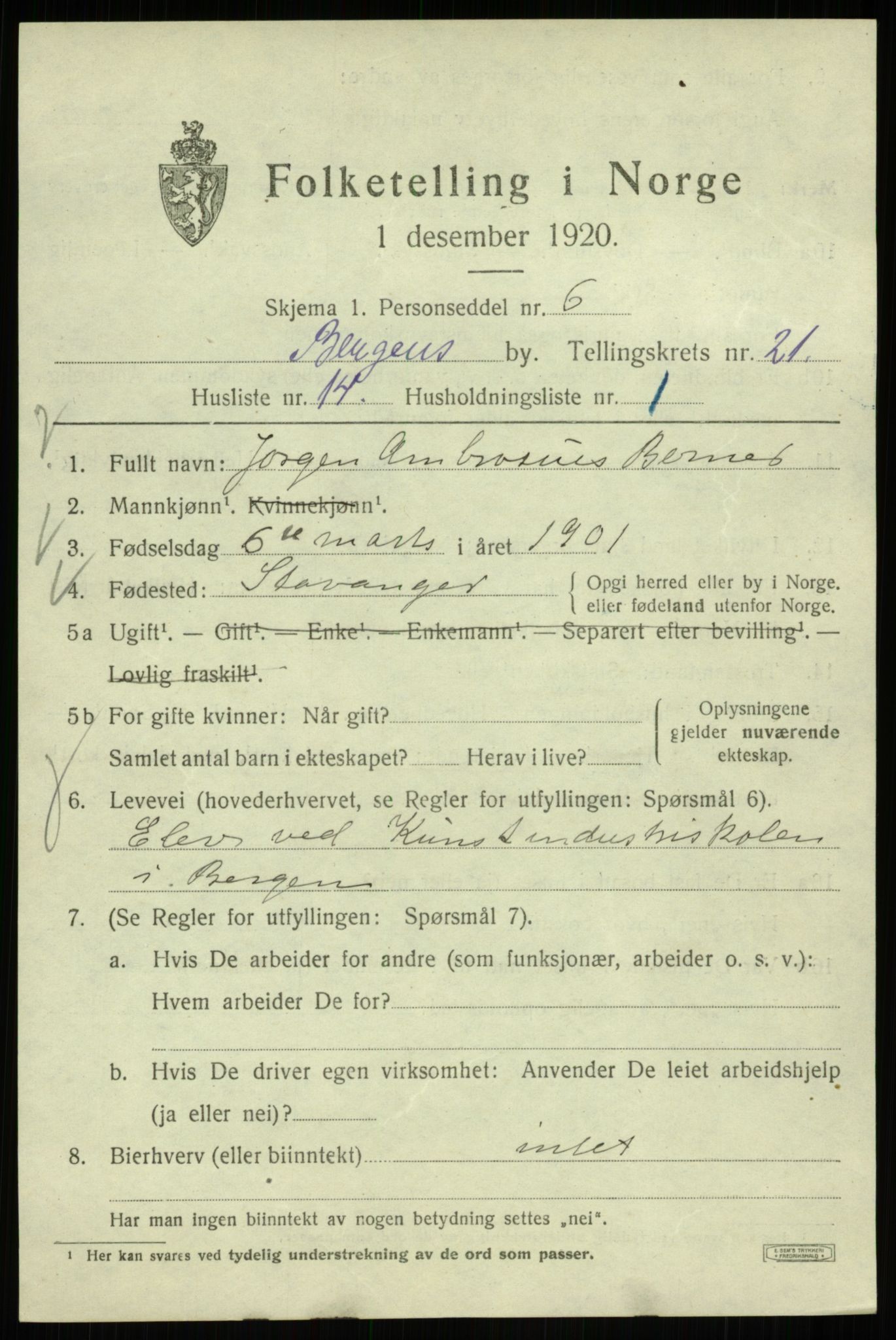 SAB, 1920 census for Bergen, 1920, p. 85288
