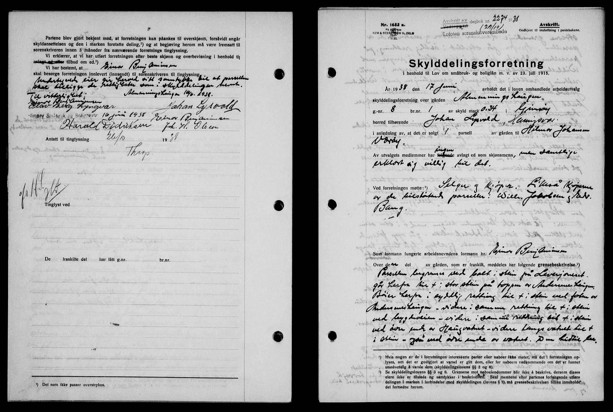 Lofoten sorenskriveri, SAT/A-0017/1/2/2C/L0004a: Mortgage book no. 4a, 1938-1938, Diary no: : 2274/1938