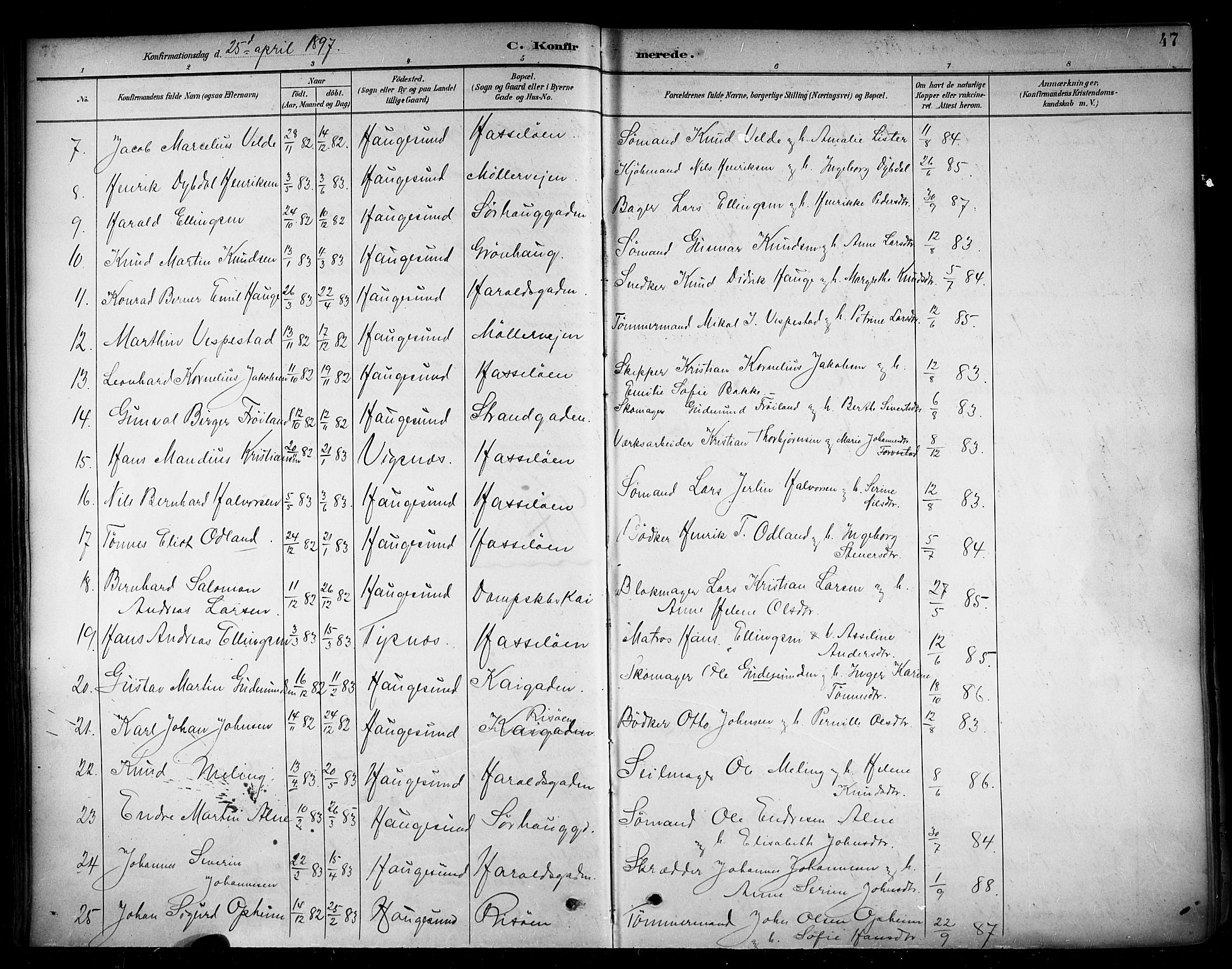 Haugesund sokneprestkontor, AV/SAST-A -101863/H/Ha/Haa/L0005: Parish register (official) no. A 5, 1891-1903, p. 47