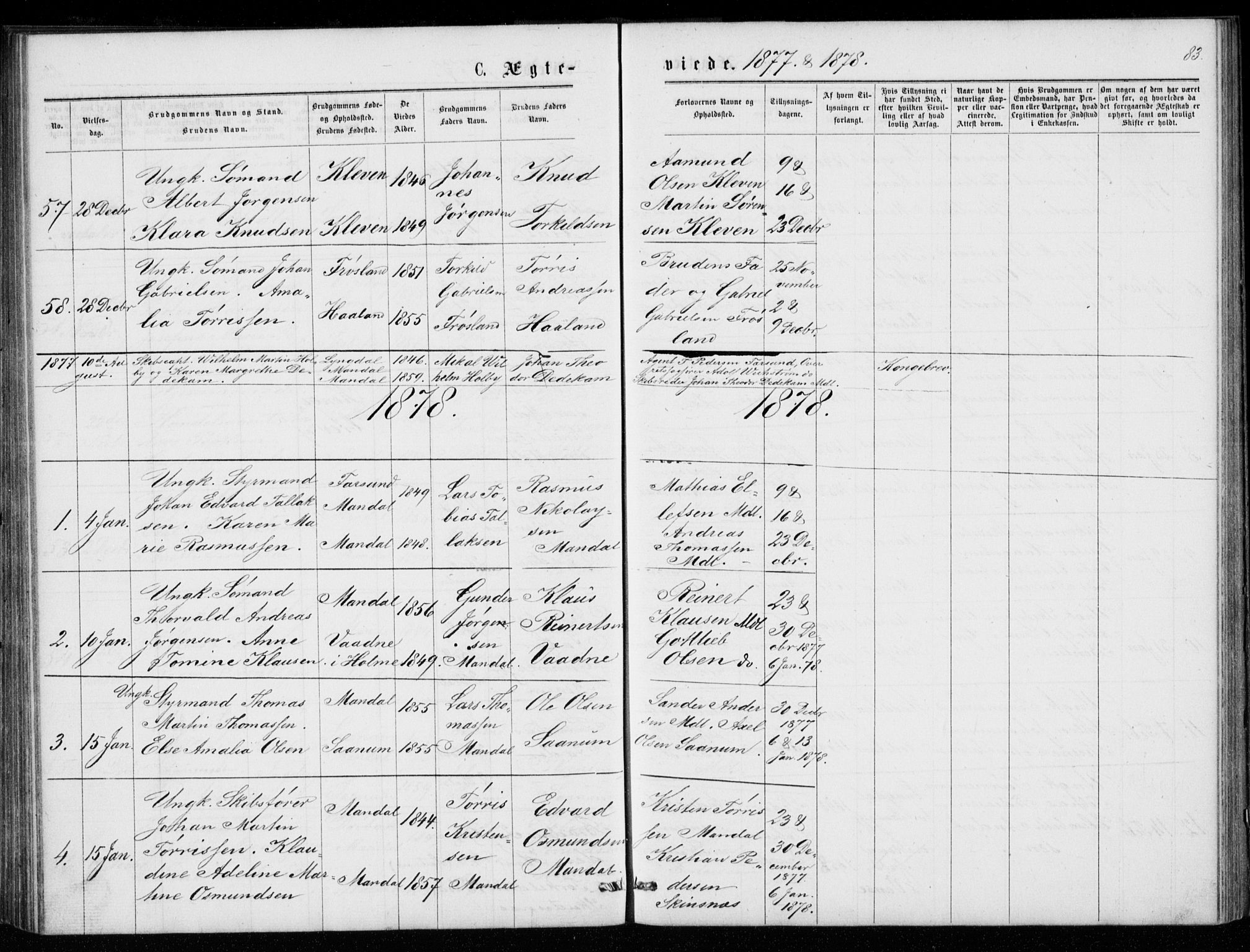 Mandal sokneprestkontor, AV/SAK-1111-0030/F/Fb/Fba/L0010: Parish register (copy) no. B 4, 1876-1880, p. 83