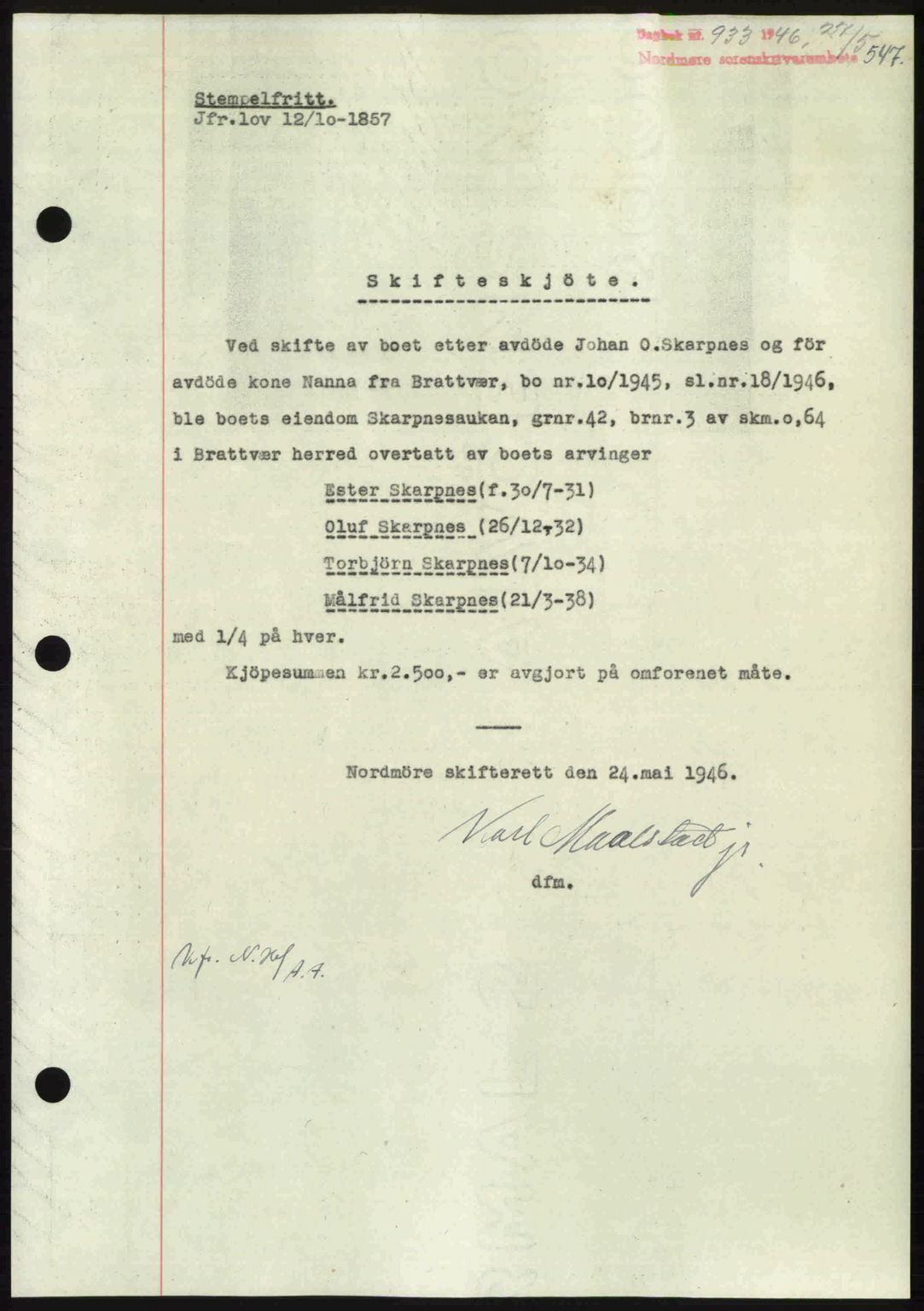 Nordmøre sorenskriveri, AV/SAT-A-4132/1/2/2Ca: Mortgage book no. A101, 1946-1946, Diary no: : 933/1946