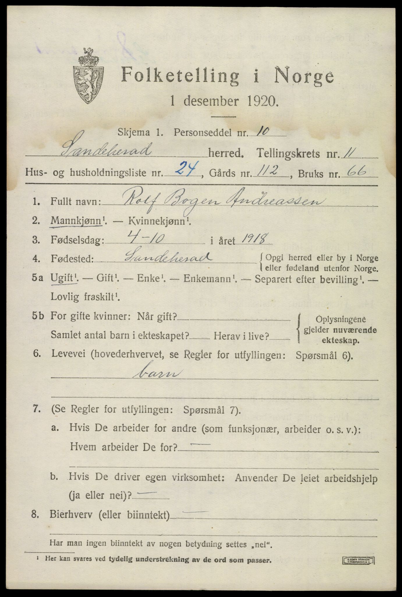 SAKO, 1920 census for Sandeherred, 1920, p. 15894