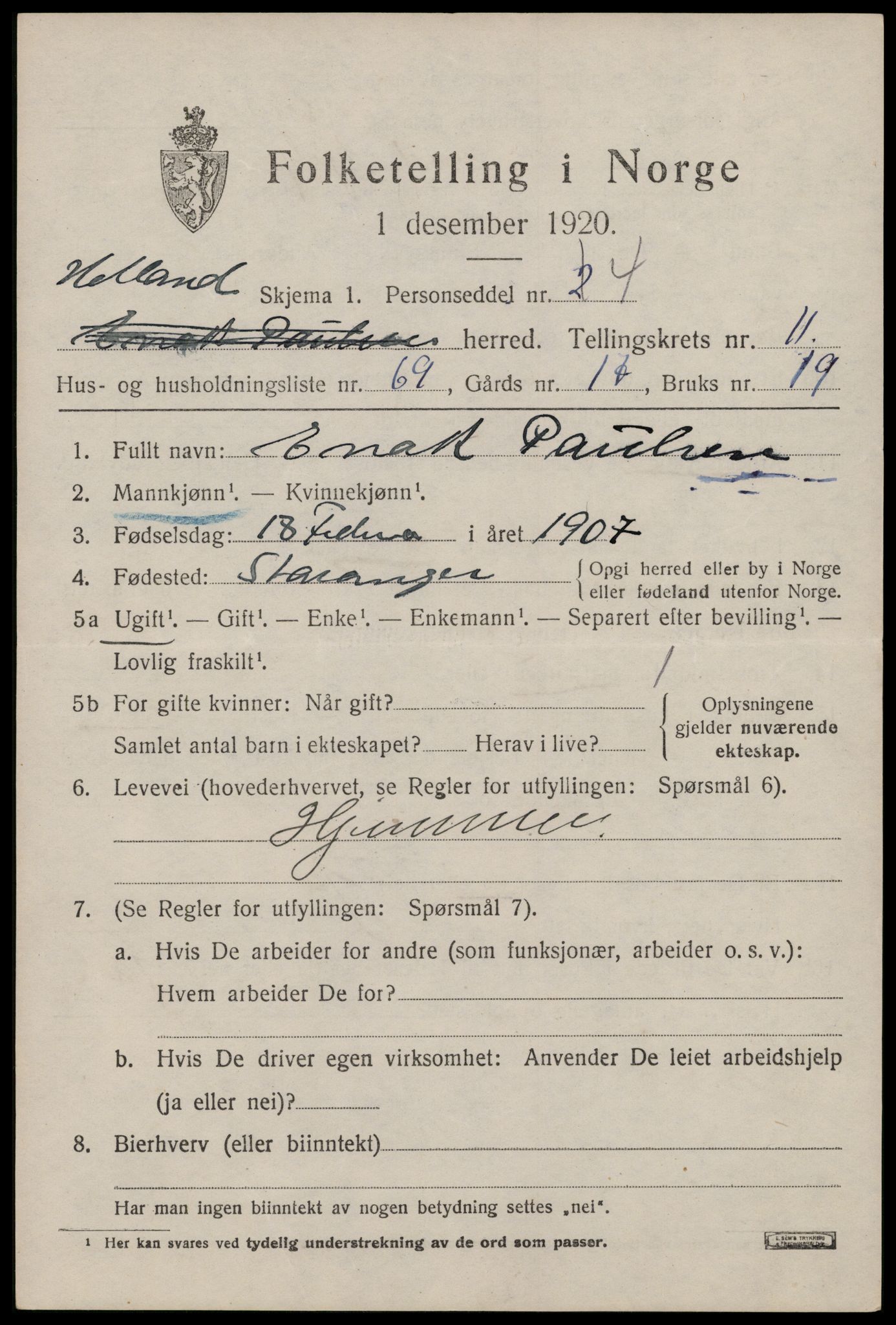 SAST, 1920 census for Hetland, 1920, p. 20875