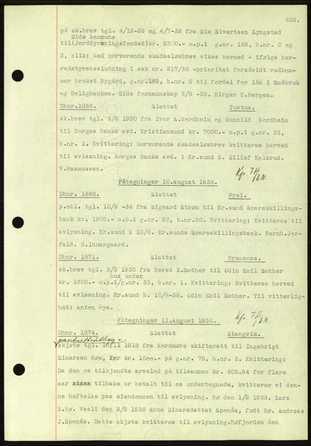 Nordmøre sorenskriveri, AV/SAT-A-4132/1/2/2Ca: Mortgage book no. C80, 1936-1939, Diary no: : 1866/1938