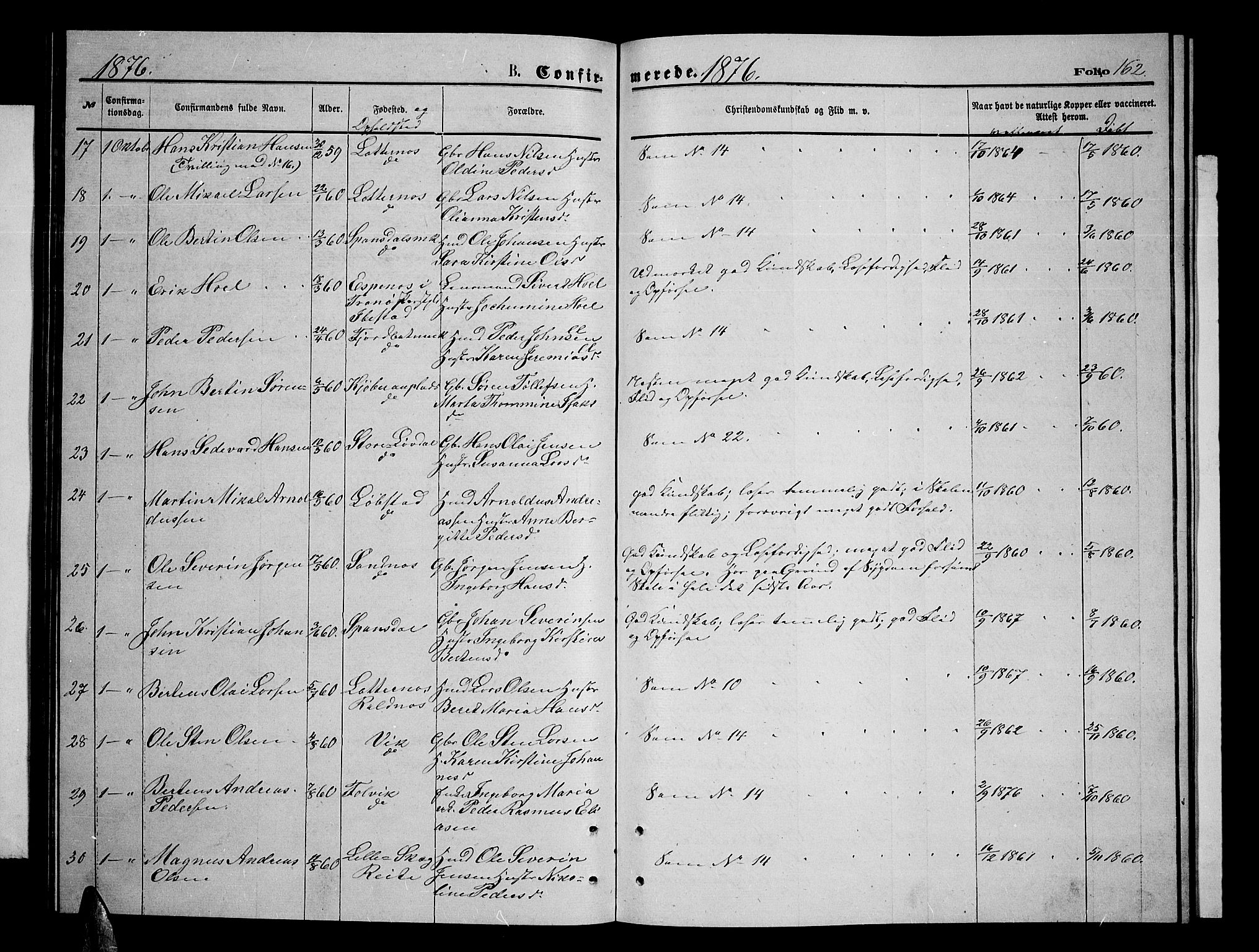 Ibestad sokneprestembete, AV/SATØ-S-0077/H/Ha/Hab/L0006klokker: Parish register (copy) no. 6, 1871-1879, p. 162